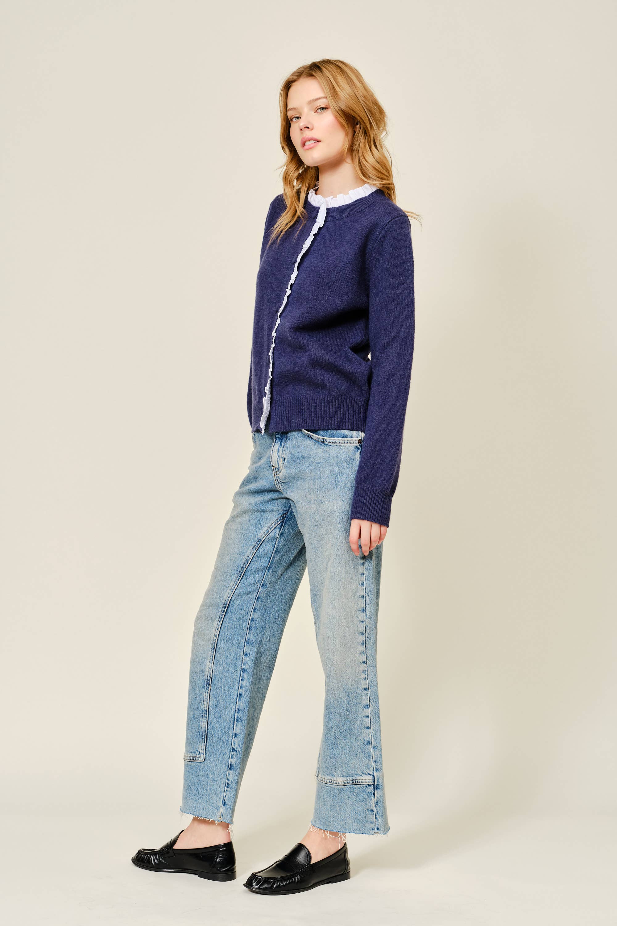 CONTRAST RUFFLE TRIM KNIT CARDIGAN