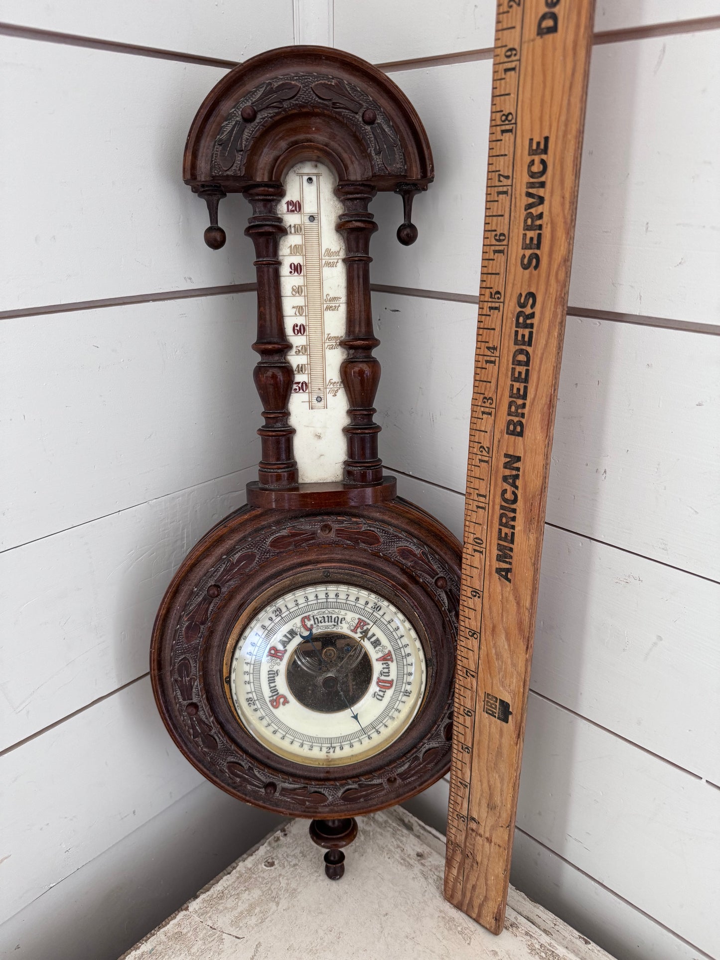 Antique Victorian Handcarved Walnut Aneroid Wheel Barometer - Missing thermometer on top