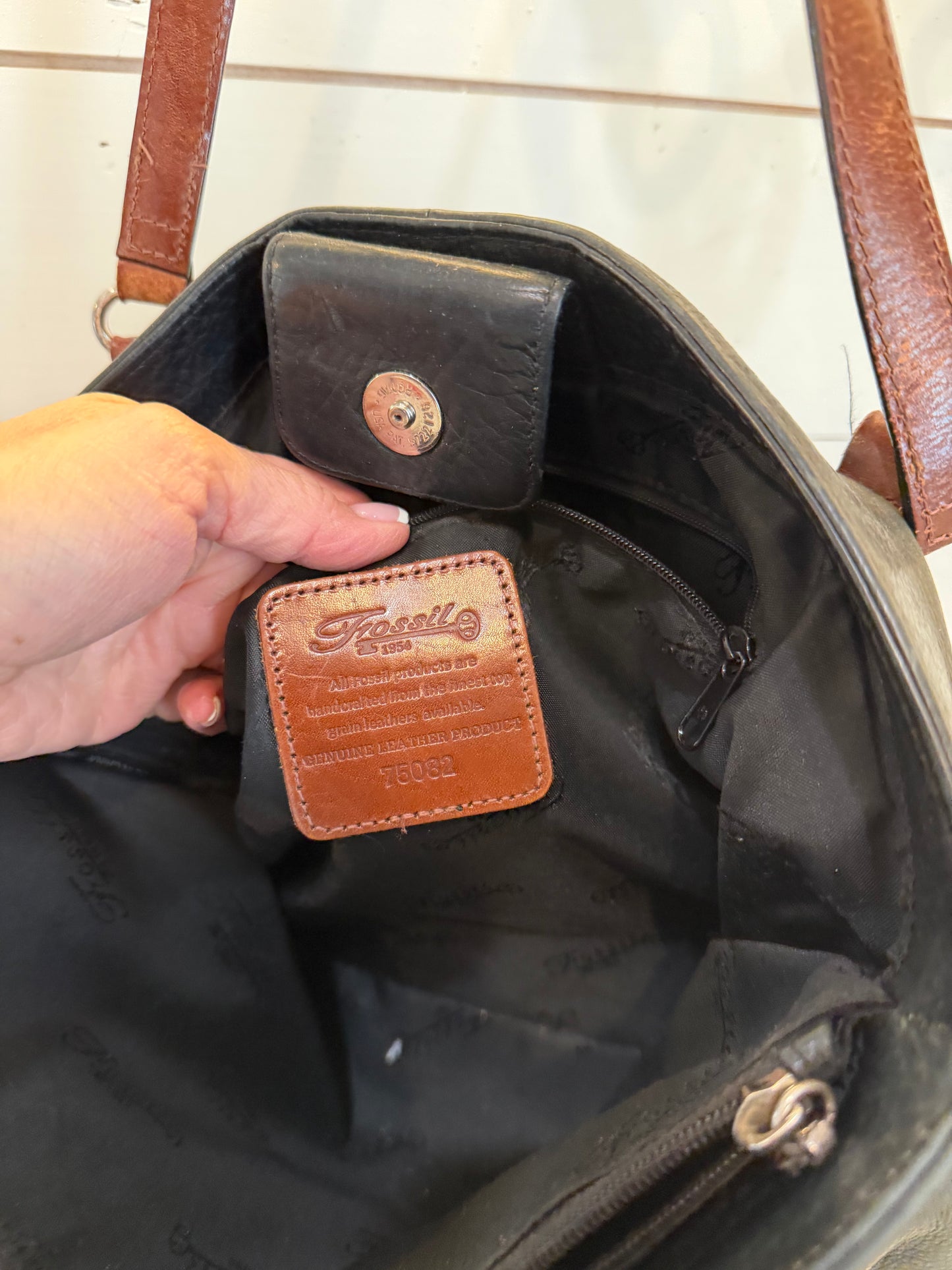 Fossil Dark Green Leather Handbag W/ Rich Brown Handles & Decorative Stitching