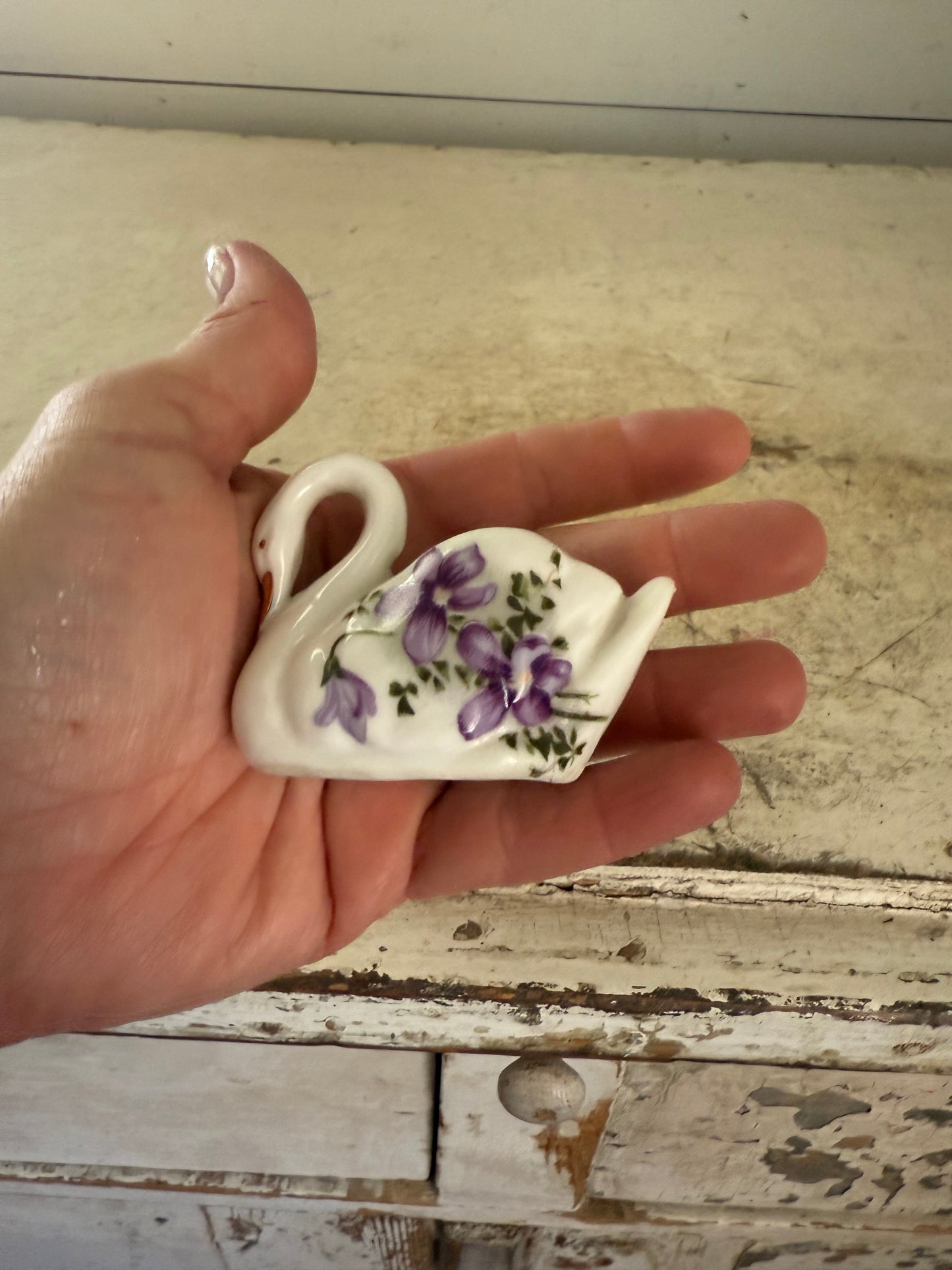 2” High Porcelain Toothpick Holder Swan Violet Flowers