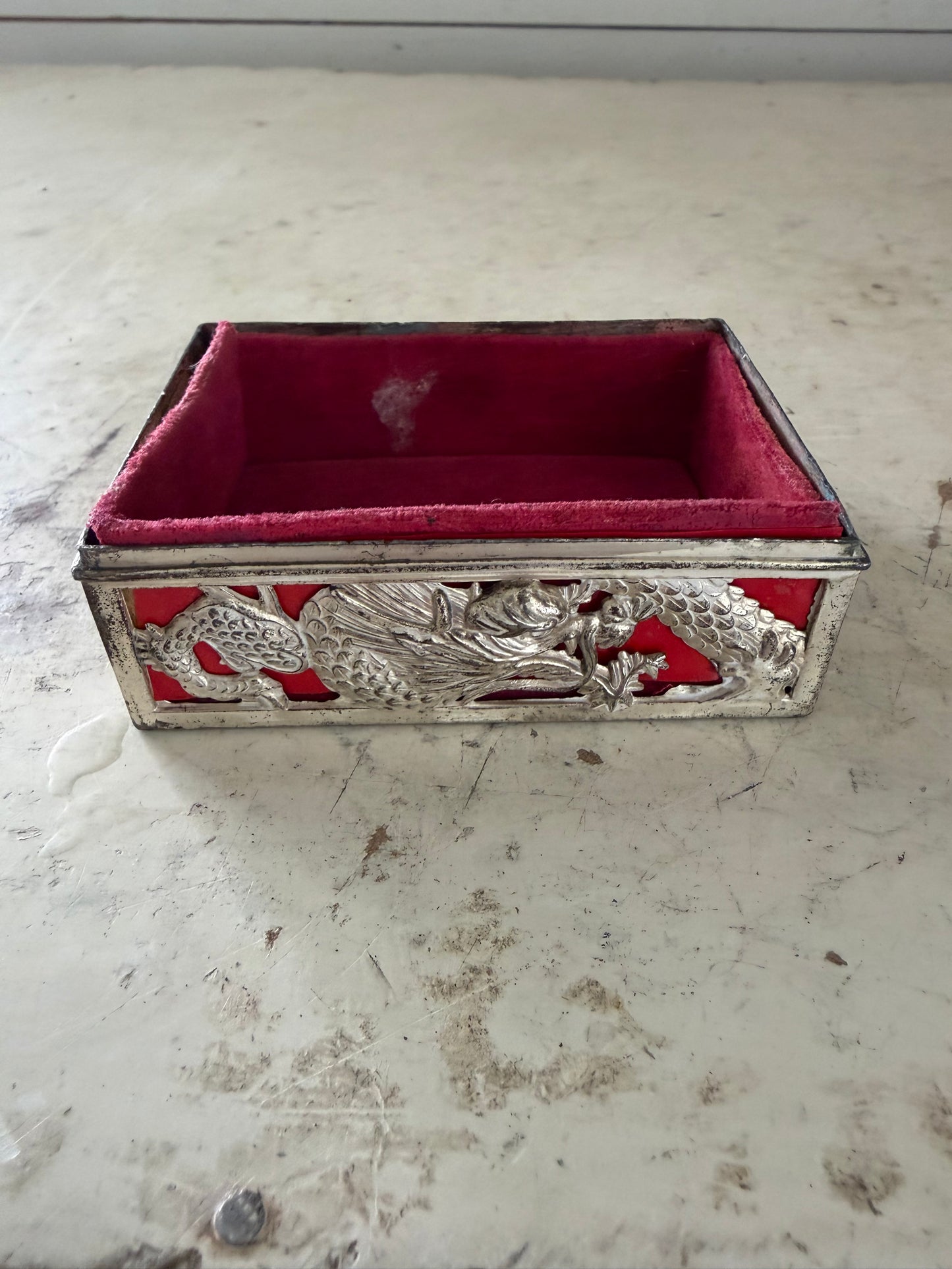 vintage silver-plated Japanese dragon trinket box lined with red velvet