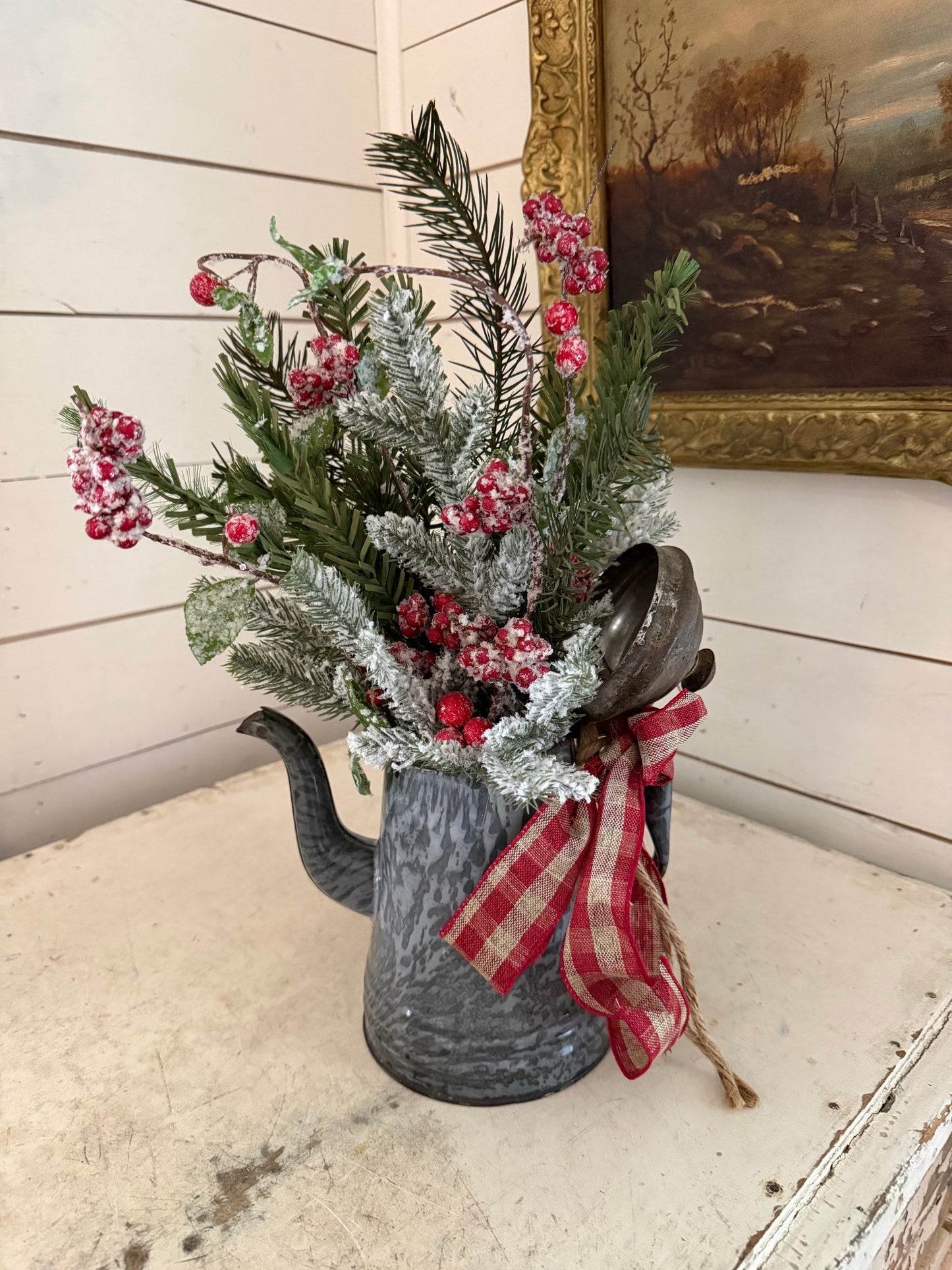 Vintage granite wear enamel pitcher Christmas arrangement greenery included
