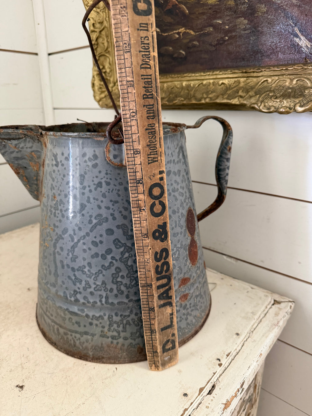 Antique Mottled Gray Graniteware enamel Coffee Pot