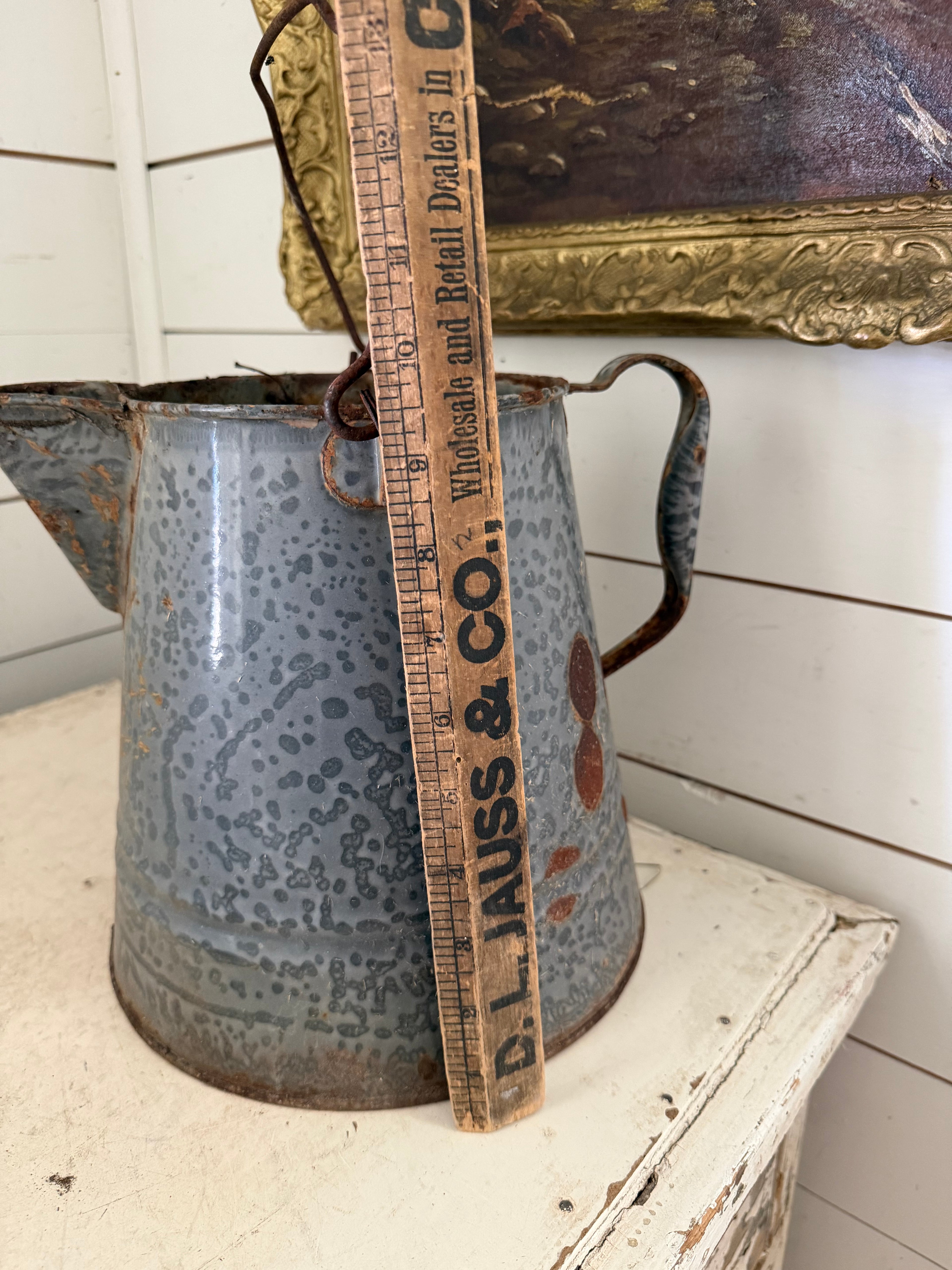 Antique Mottled Gray Graniteware enamel Coffee Pot