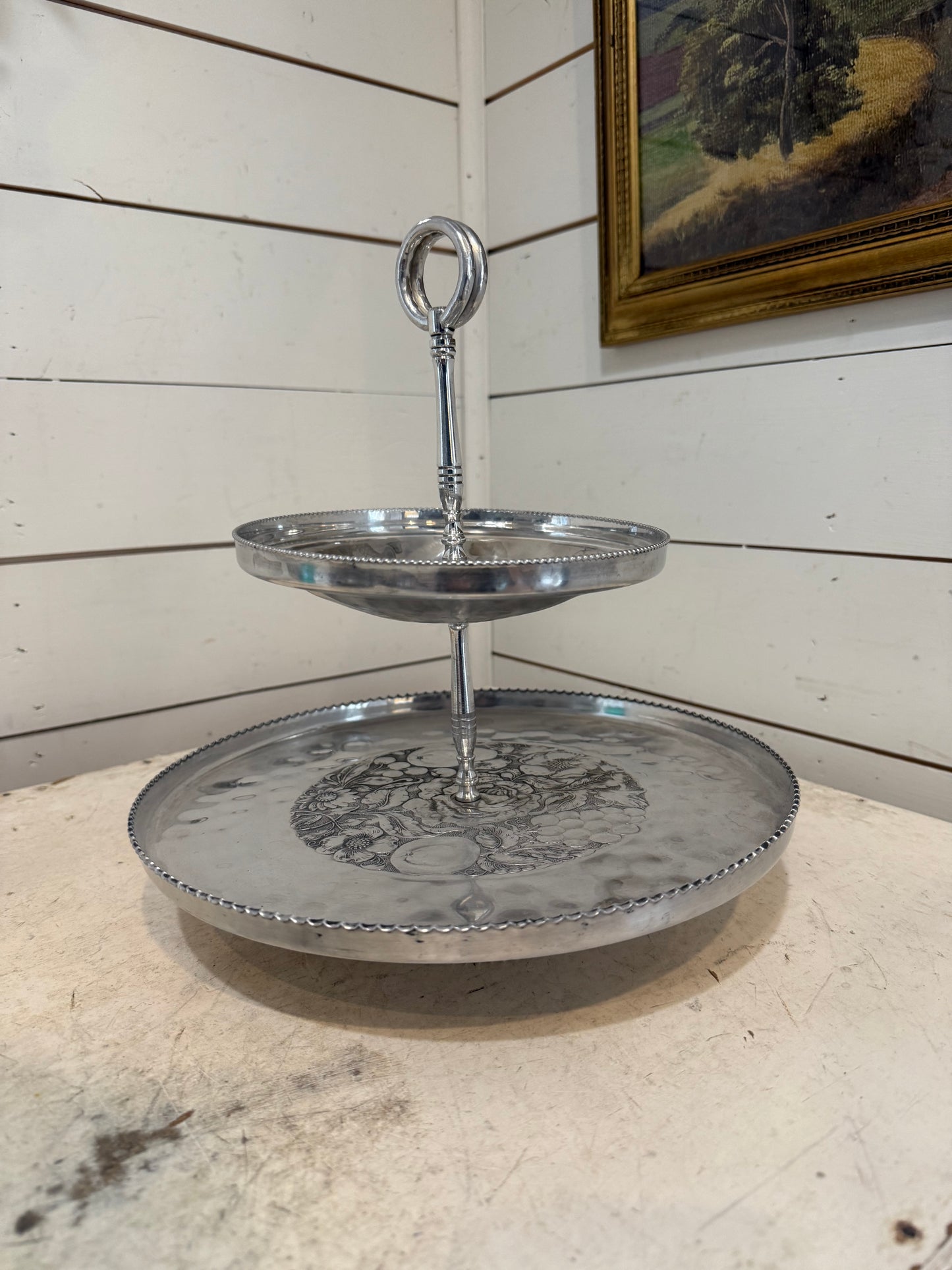 Vintage Two Tier Embossed Aluminum Tray