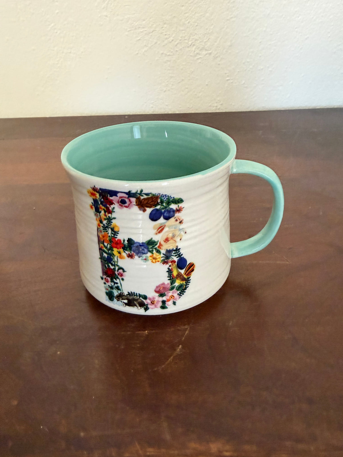 Nathalie Lété Anthropologie Painted Monogram Mug Letter “B” Flowers Animals Swan