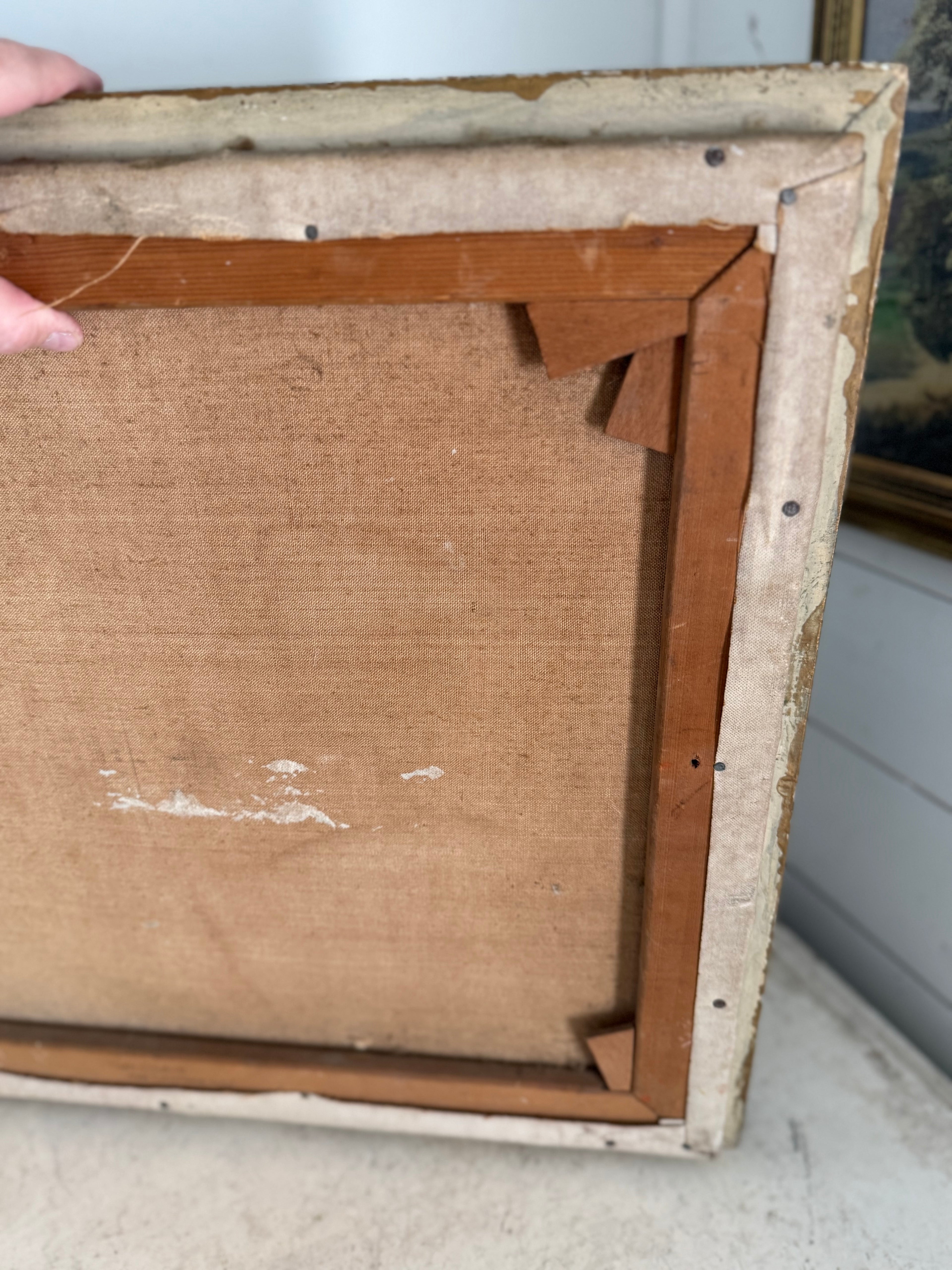 Original English Cottage & Lake Antique Art with Frame - as is see damage as shown