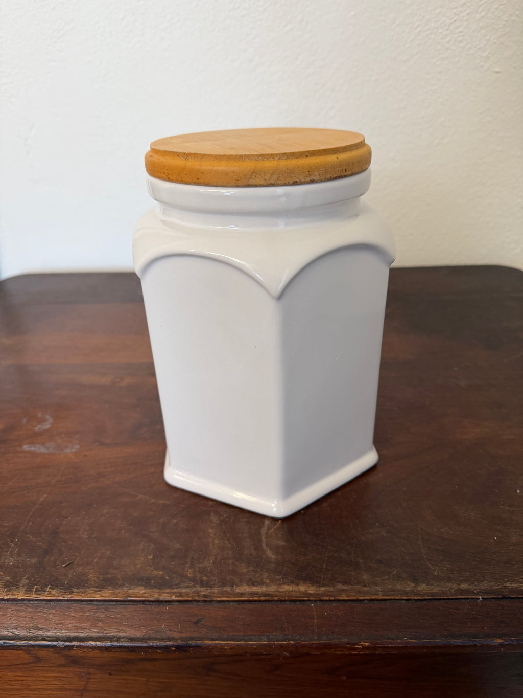 White Glazed Ceramic Canister With Wood Lid