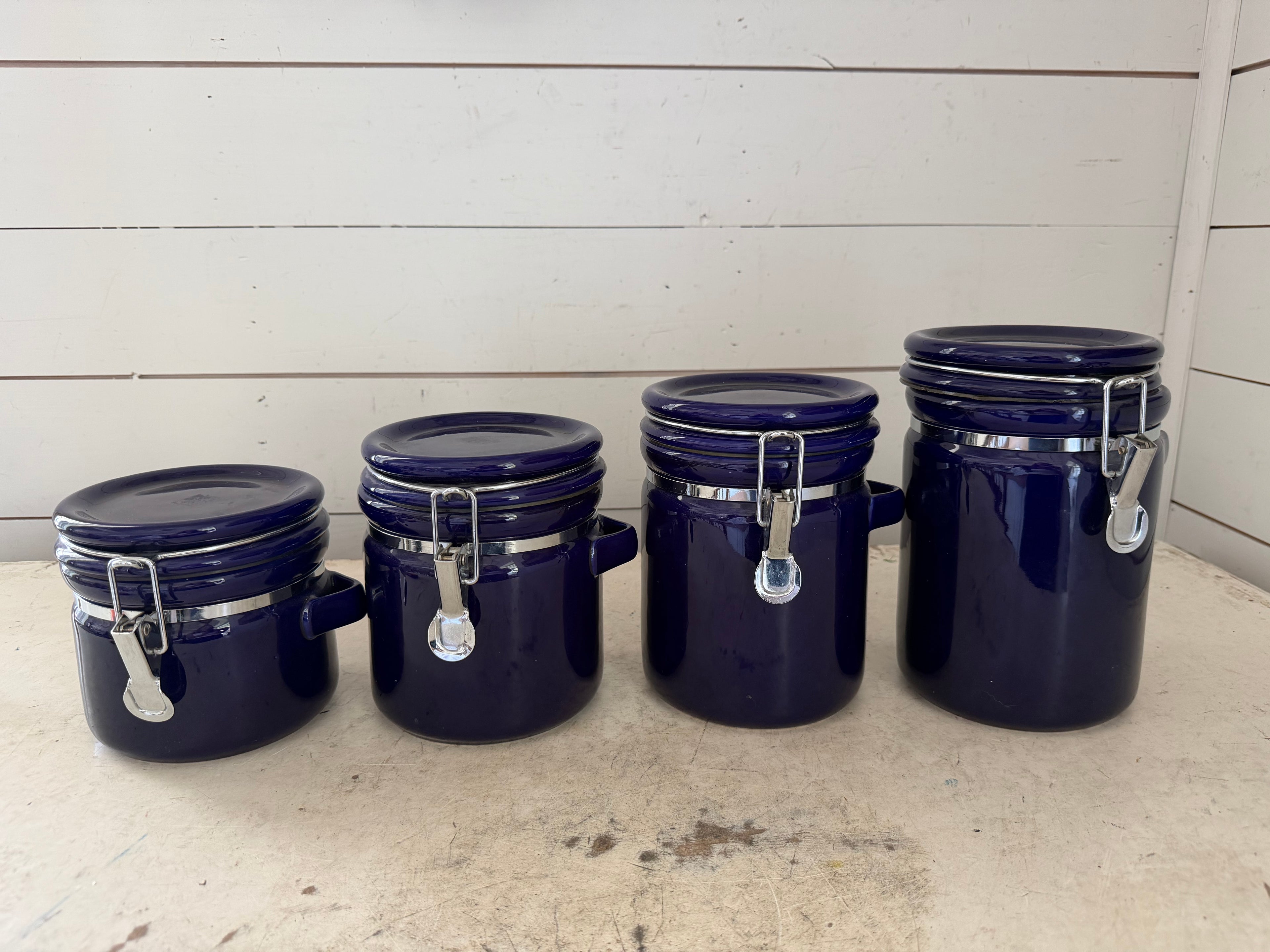 Vintage Set of 4 Stoneware Cobalt Blue Canisters w/Silver Hardware | Set Includes: X-Large, Large, Medium,Small