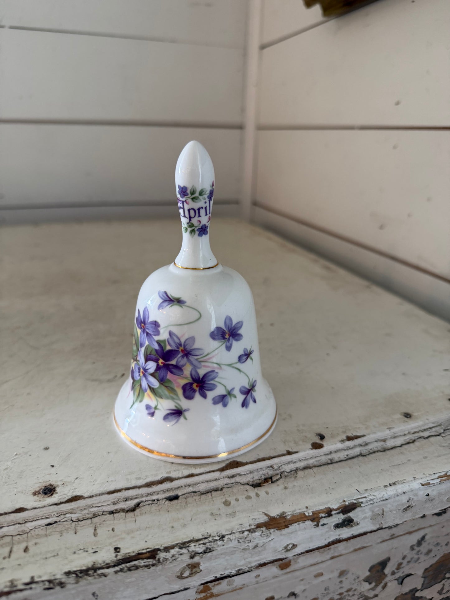 Vintage porcelain bell April Birth month Purple Wildflowers