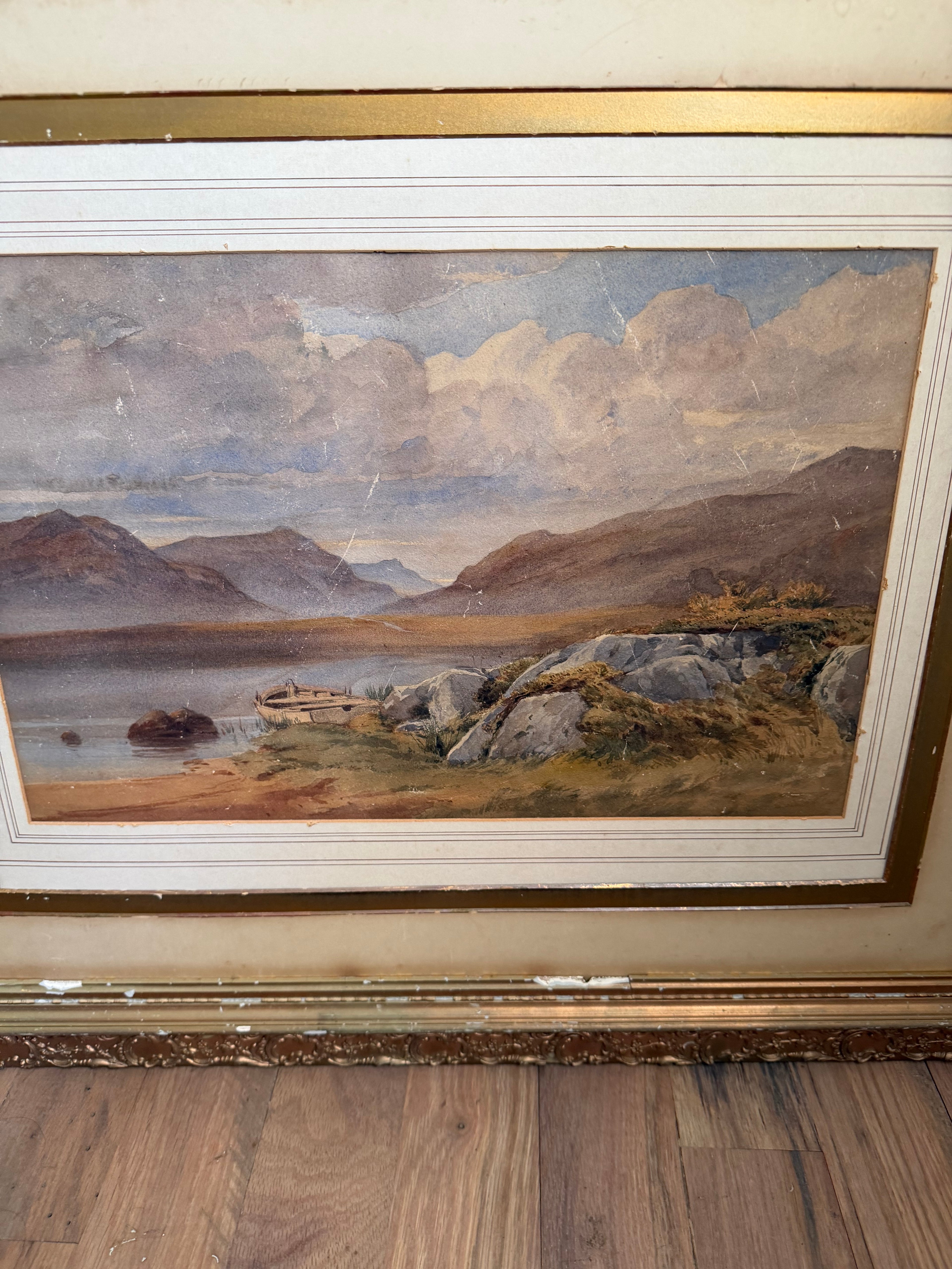 Gilded Frame antique 19th-century watercolor painting depicts a tranquil mountain lake scene, likely located in Scotland no glass