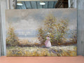 Original Oil Woman with parasol & Floral has had crack repaired