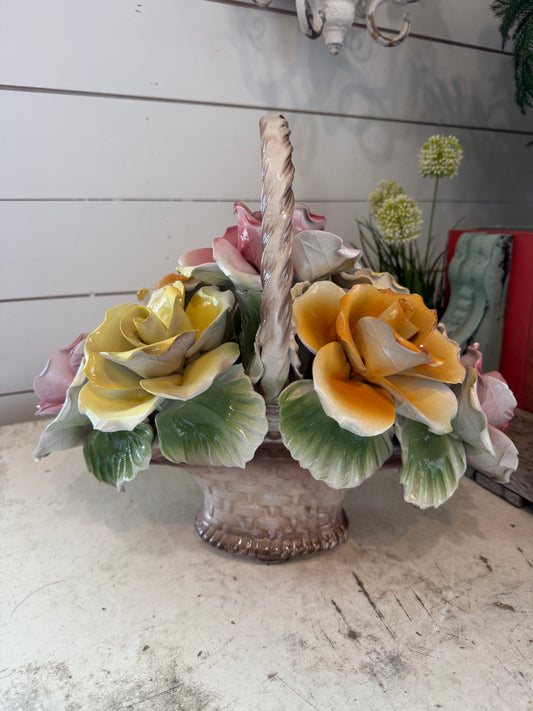 Large Capodimonte, Italy, Porcelain, Basket of Posies, Rose Flowers, Vintage small chips and imperfections as shown