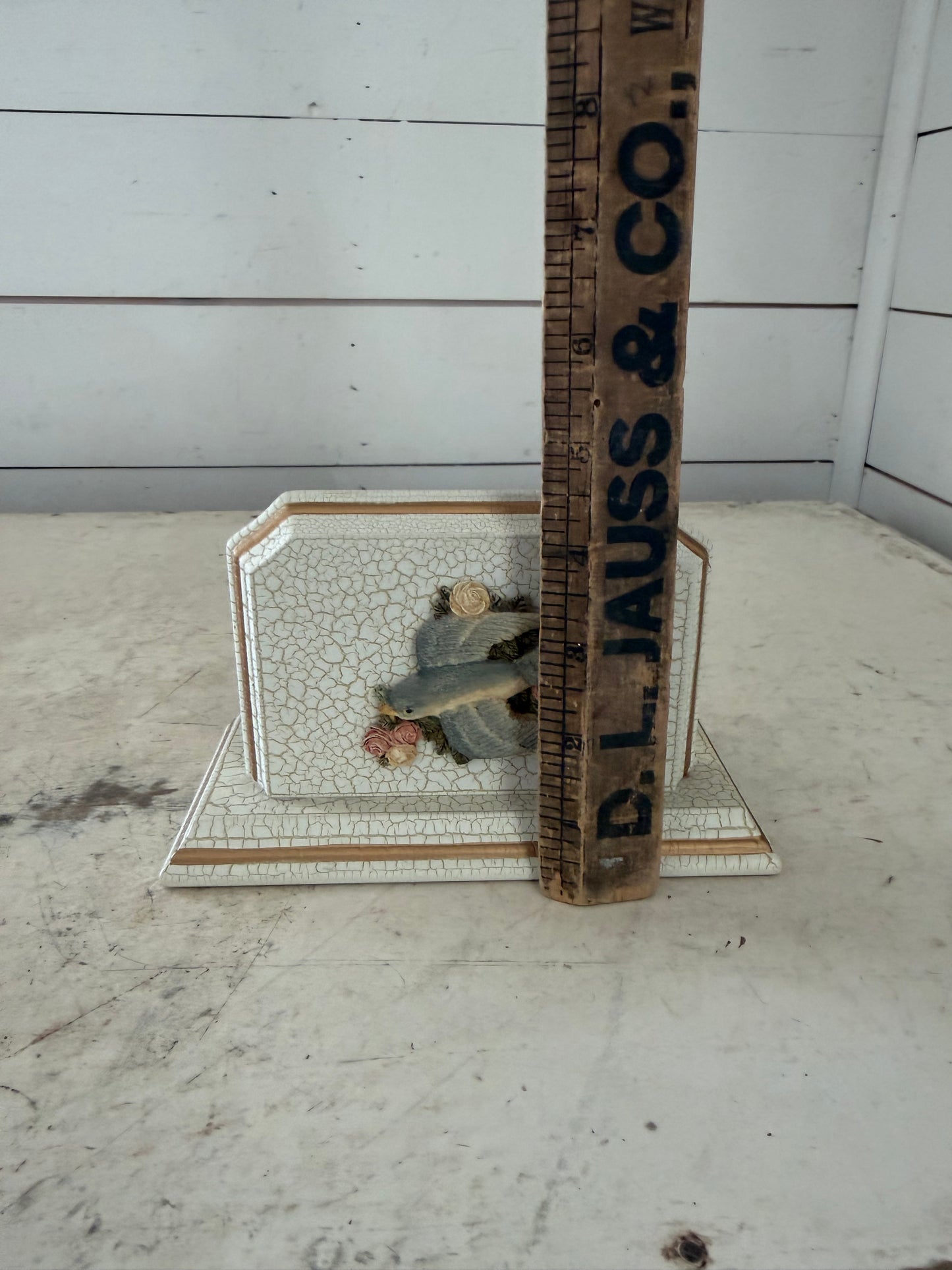 Vtg MCM crackle, bird floral napkin holder