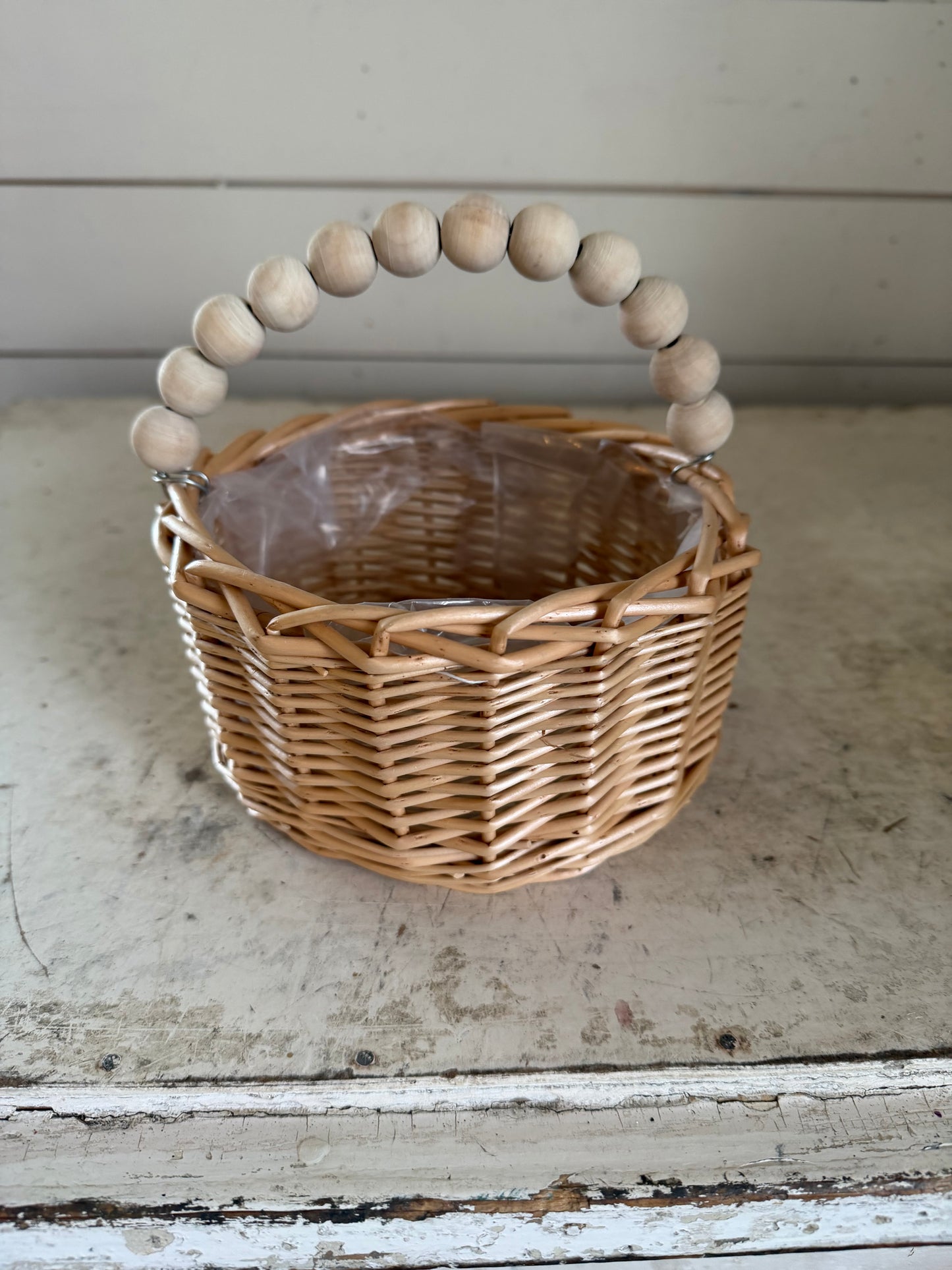 Flower girl basket with wood bead handle