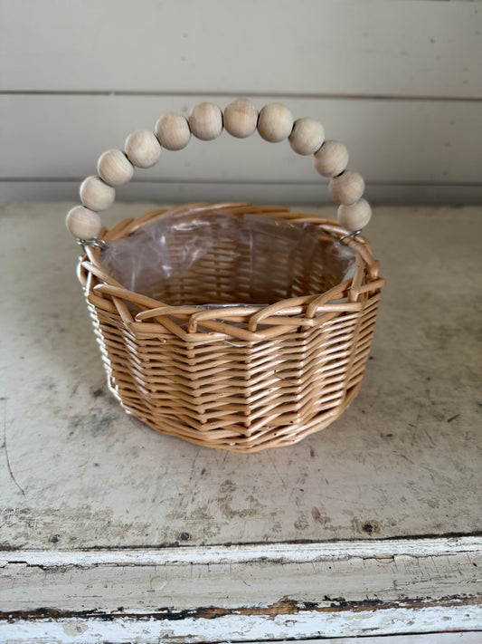 Flower girl basket with wood bead handle