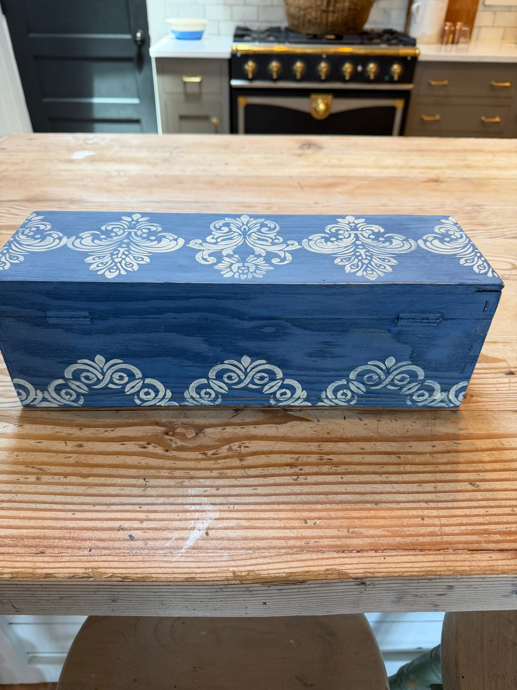 Vintage Wood Trinket Box Painted in Federal Blue milk Paint With Damask Stencils