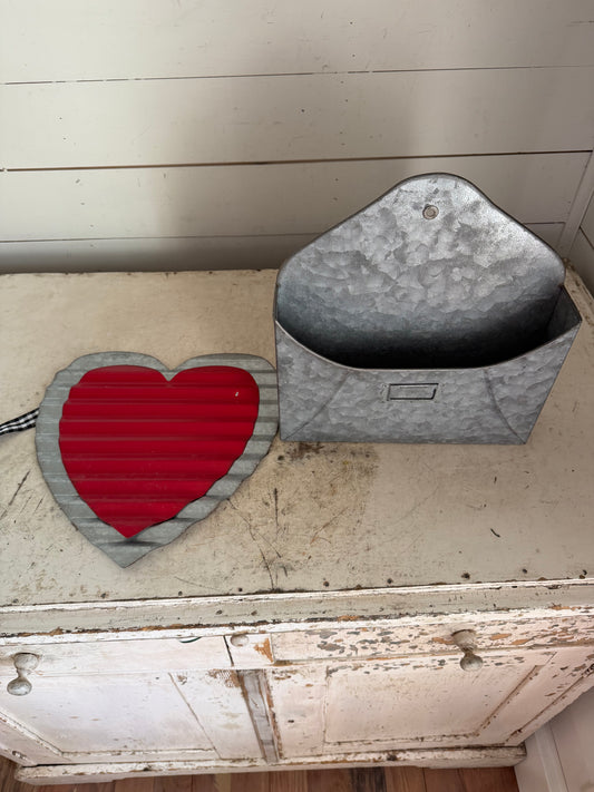 Galvanized Wall Pocket Shaped Like An Envelope With Galvanized Heart Cutout - Will Get Makeover