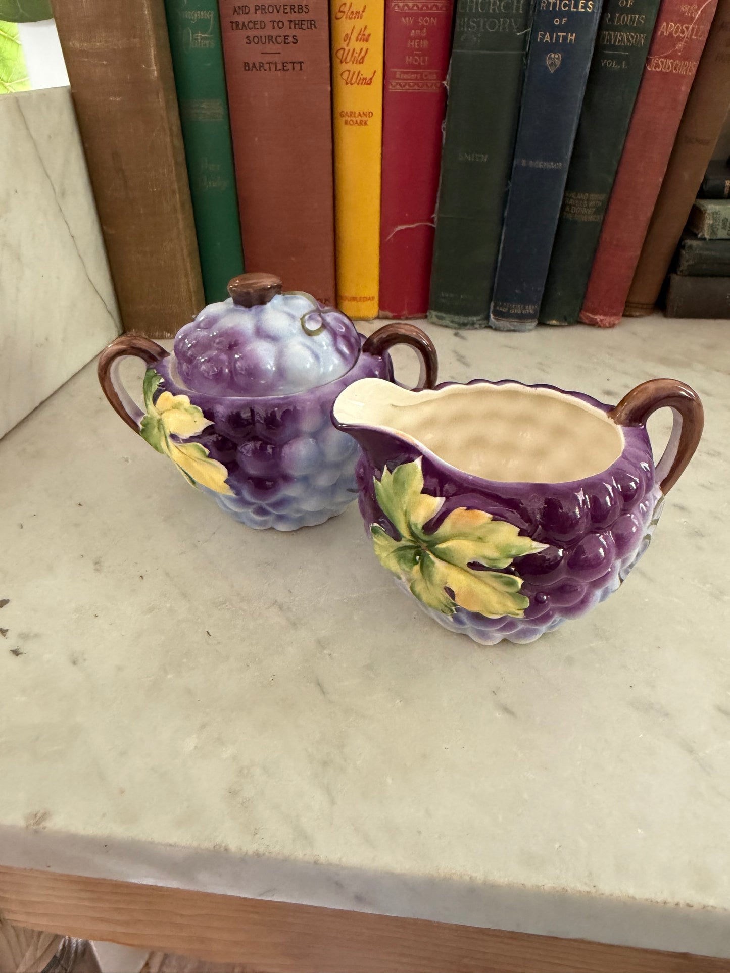 vintage Majolica ceramic pieces grape and vine motif creamer sugar