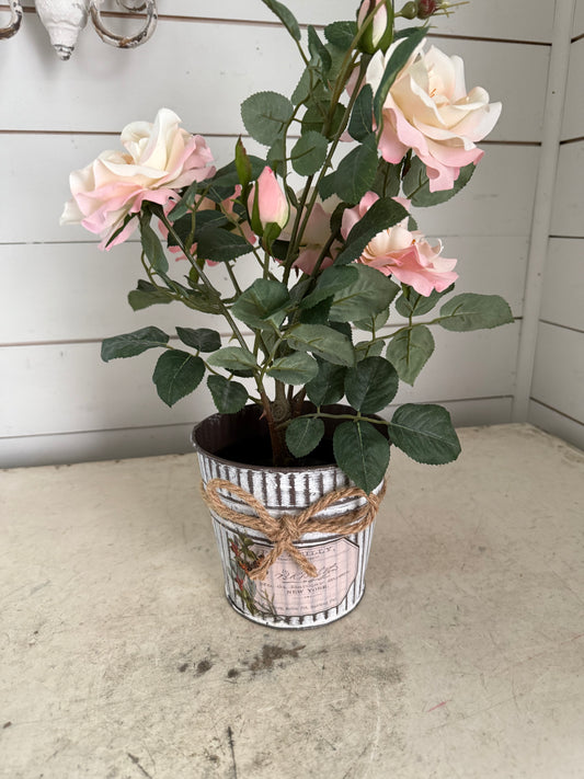 Metal Pot with bow with pink flower arrangement included