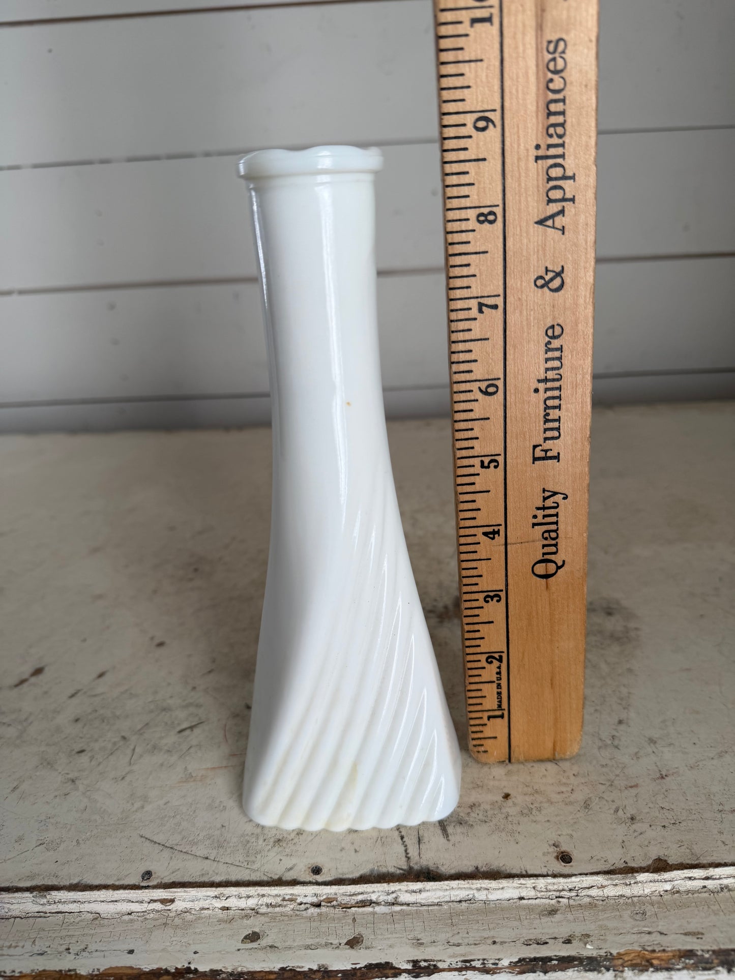 Geometric twisted Milk Glass Bud Vase