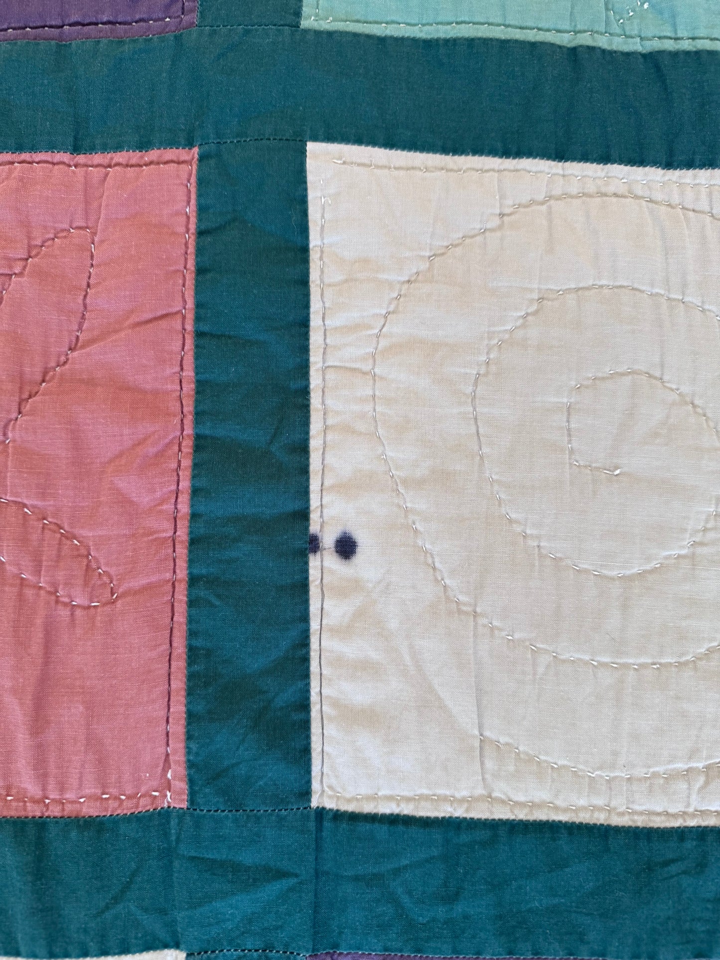 Hand Made Square Block With Leaves Queen Quilt - has stain