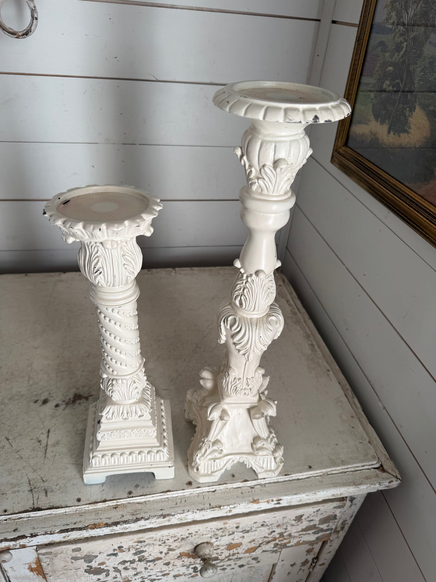 Large ornate resin candlesticks sold as a set - will get painted