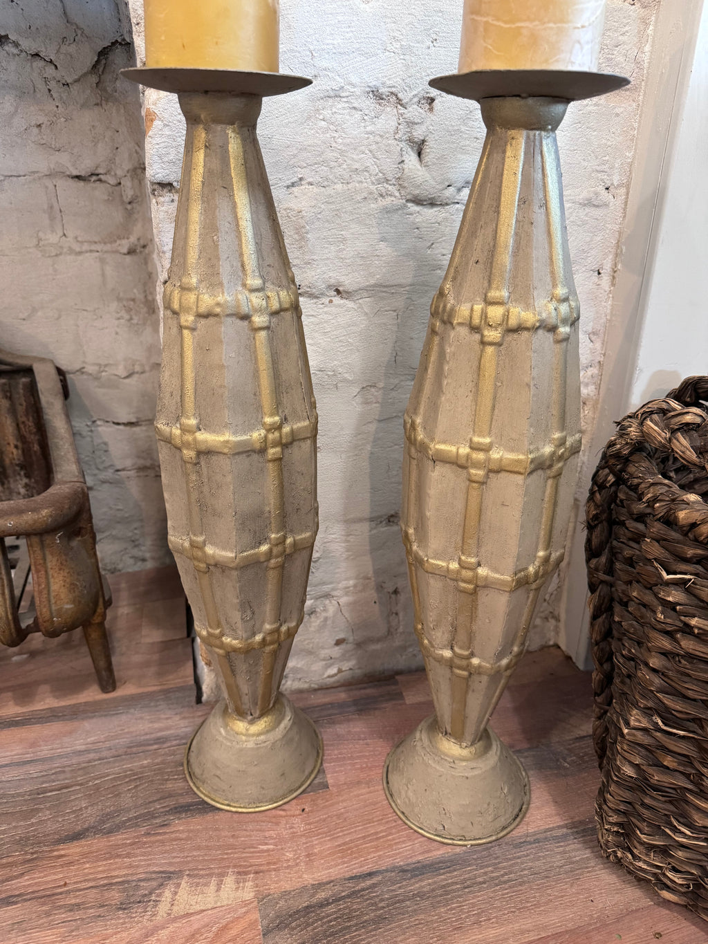Set of 2 Tall Pressed Tin Candlesticks With Gold Wax - CANDLES NOT INCLUDED
