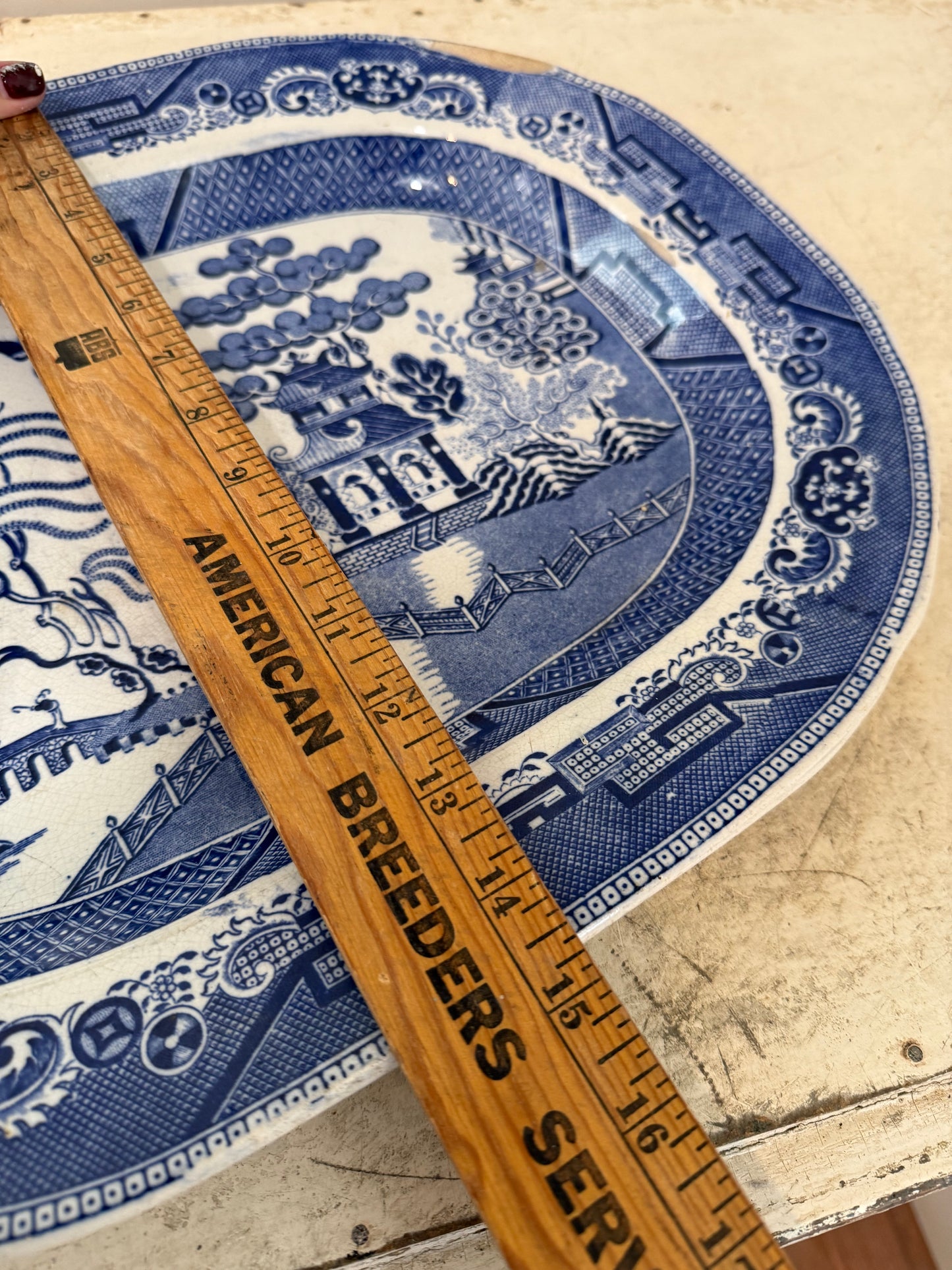 Large 1800’s Blue Willow Ironstone Platter - has imperfections as show.