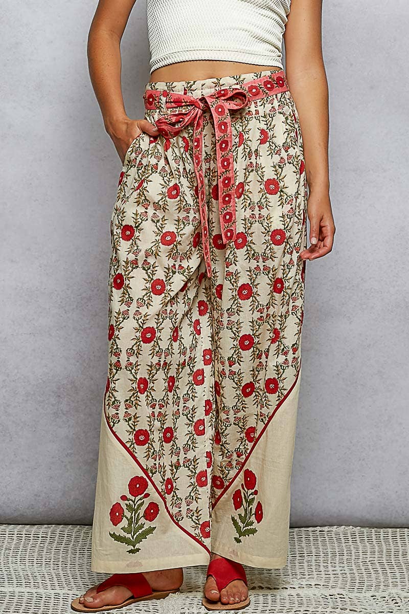 Waist Belt Floral Pattern Straight Fit Pants