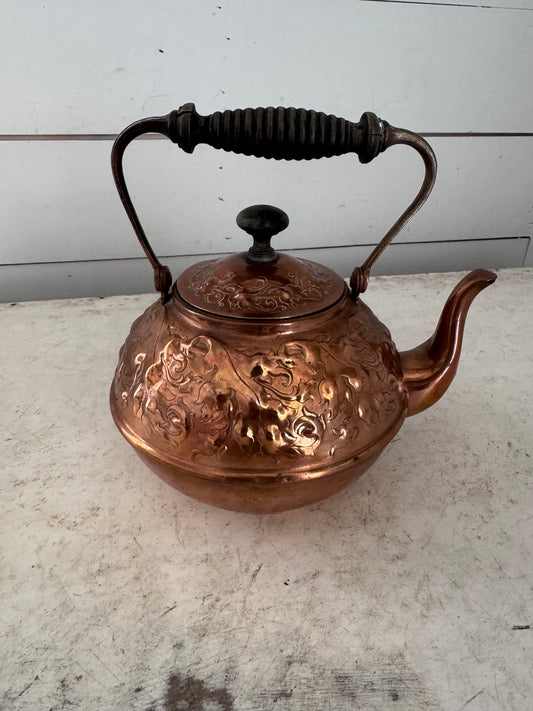 Antique Stamped Copper & Wood Tea Kettle