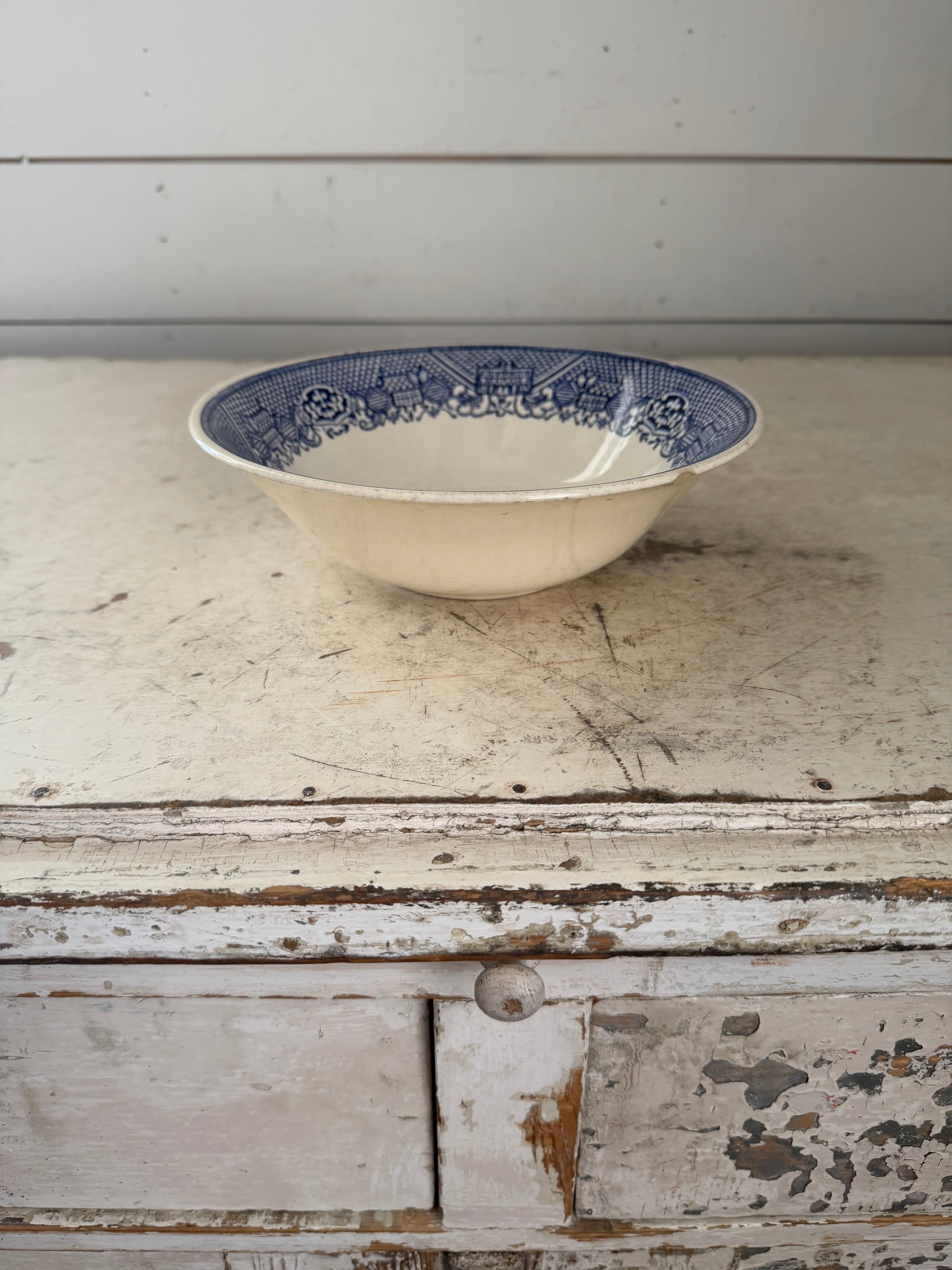 Vintage 1960 Blue Willow Serving Bowl- Blue & White -8 1/2” Diameter - Chip underneath lip