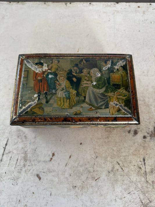 Vintage tin with Colonial scene