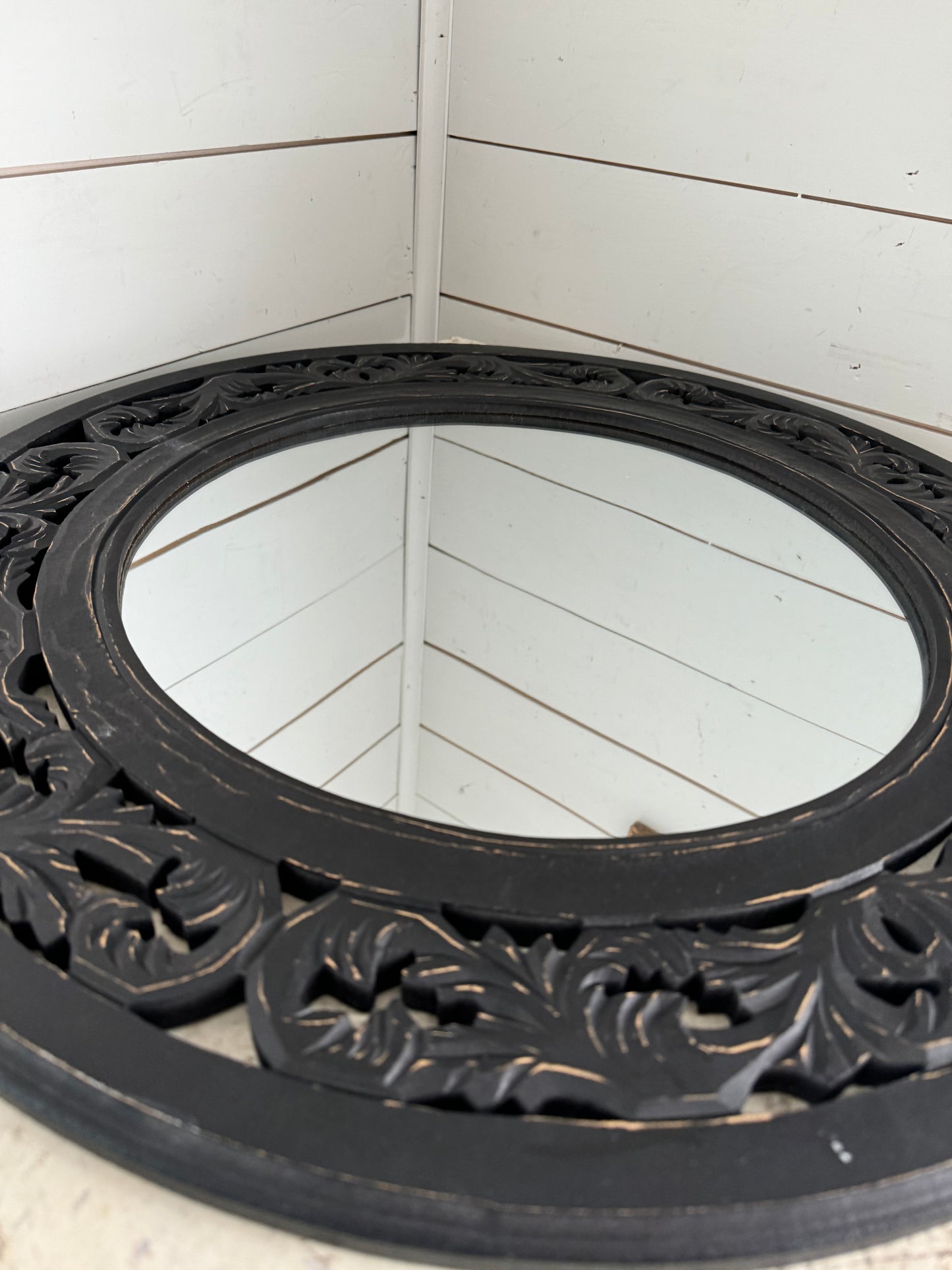 Handcarved Mirror Wood Distressed Black