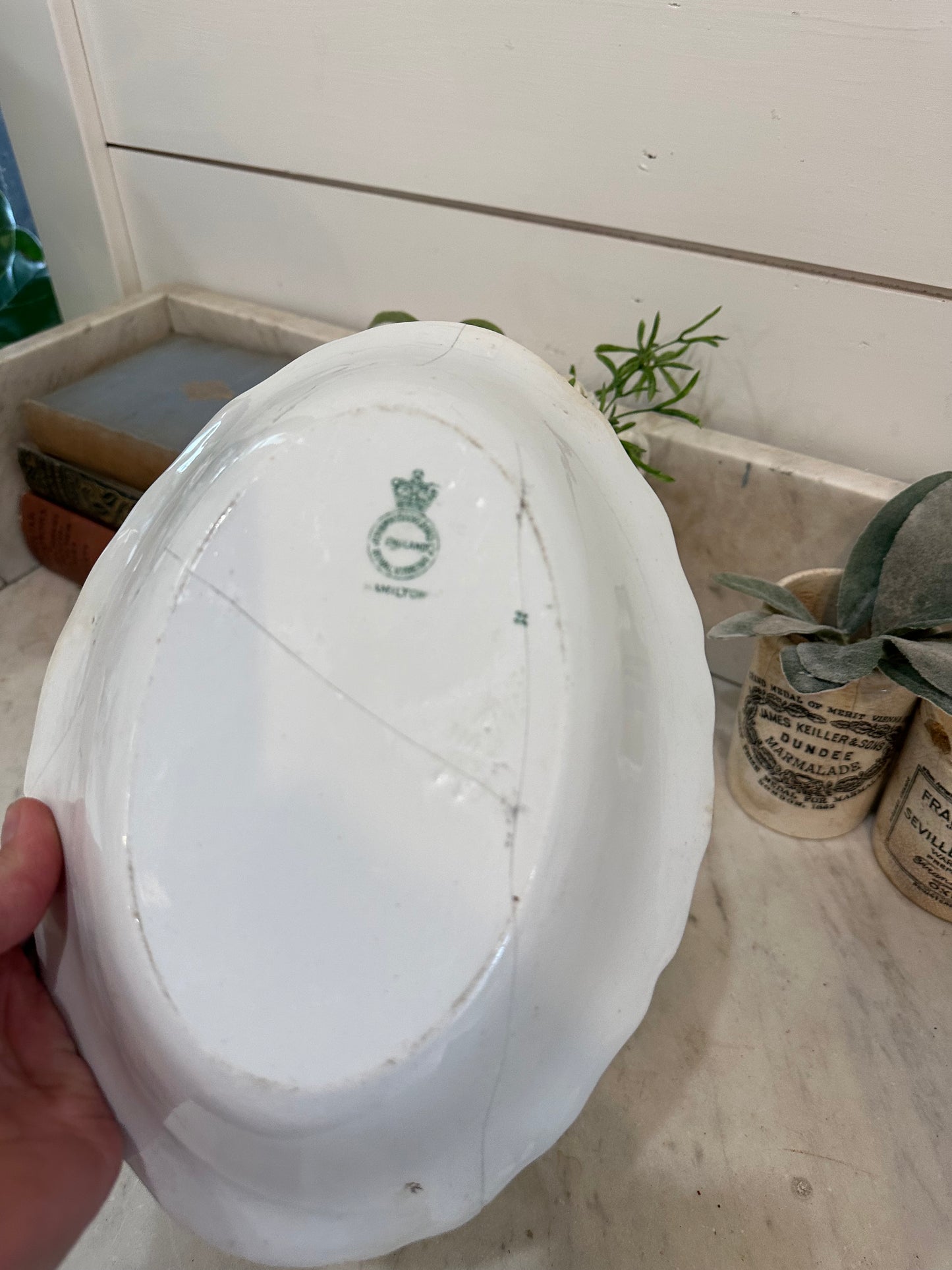 John Maddox Green Transferware bowl has cracks as shown- has been glued together