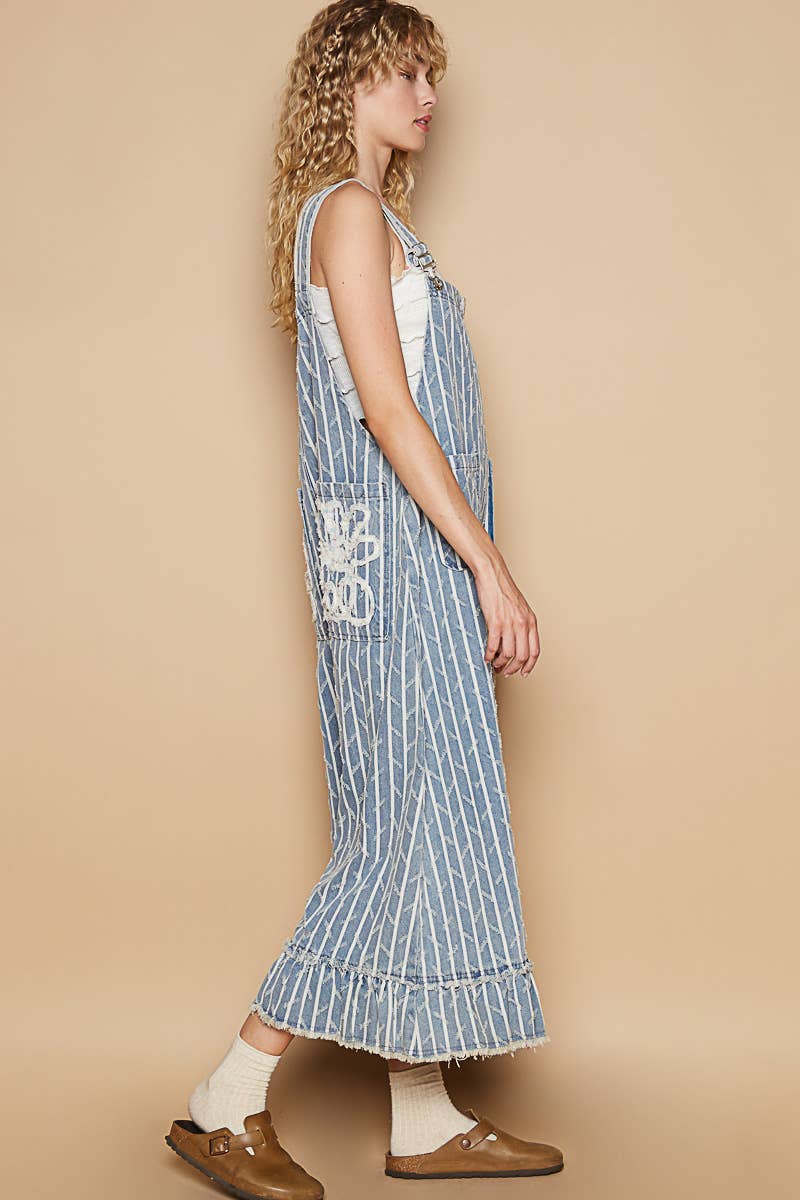Back Pockets Embroidered Ruffle Detail Overalls Blue Stripe