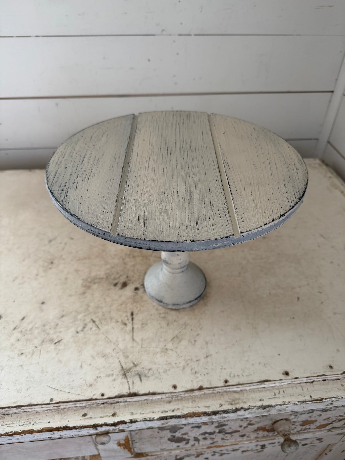 Distressed wood cake stand pedestal with slats in the top