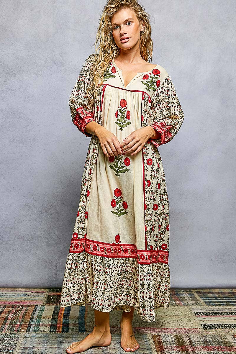 Block Print Floral Shirring Flowy Maxi Dress