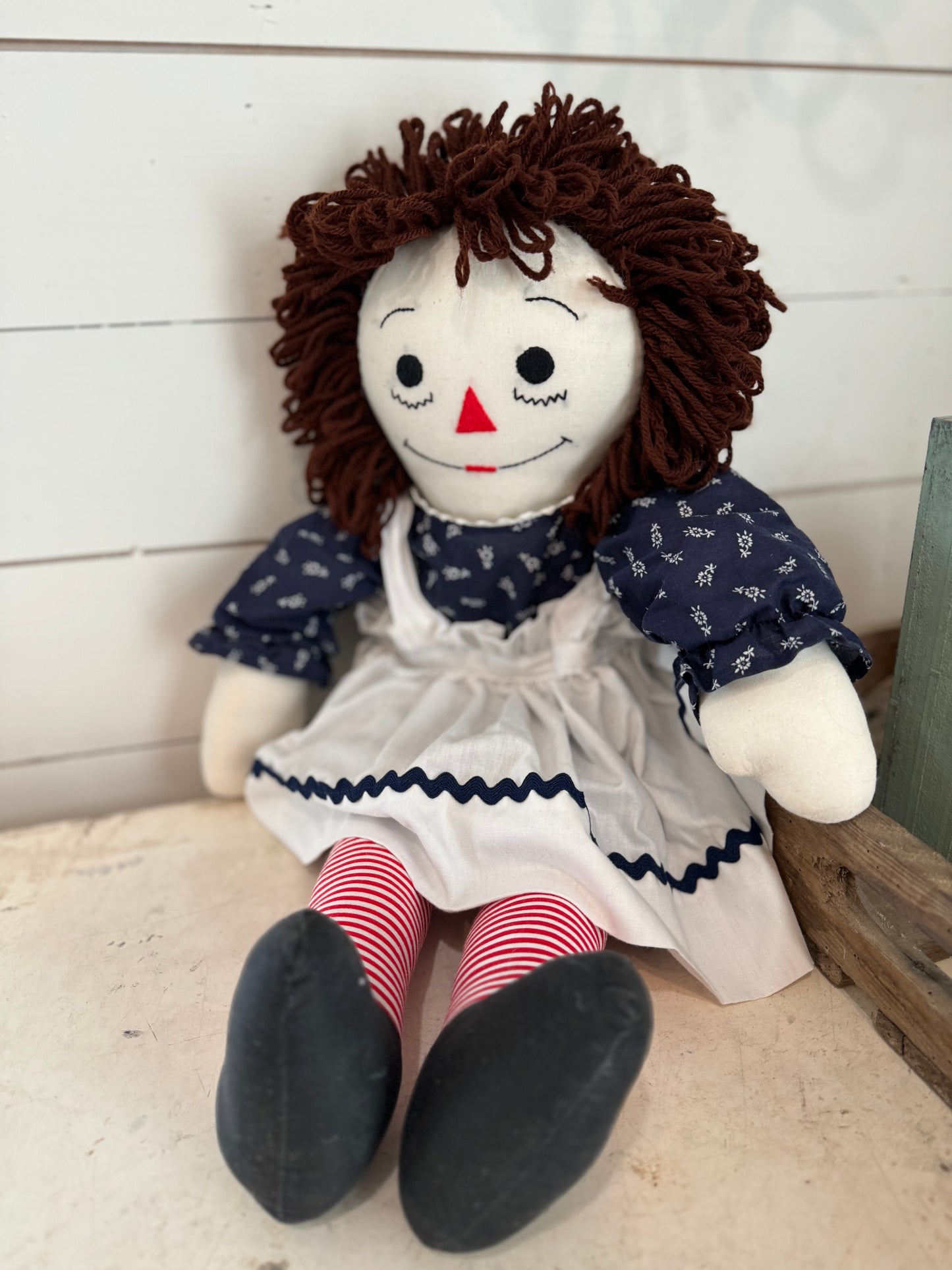 Raggedy Anne Doll in Navy Dress Hand Stitched