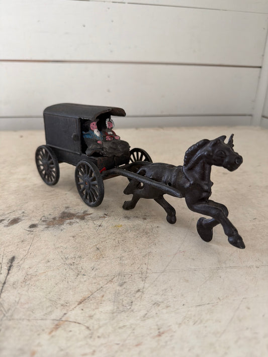 Vintage Cast Iron Amish Family Horse and Buggy Decor