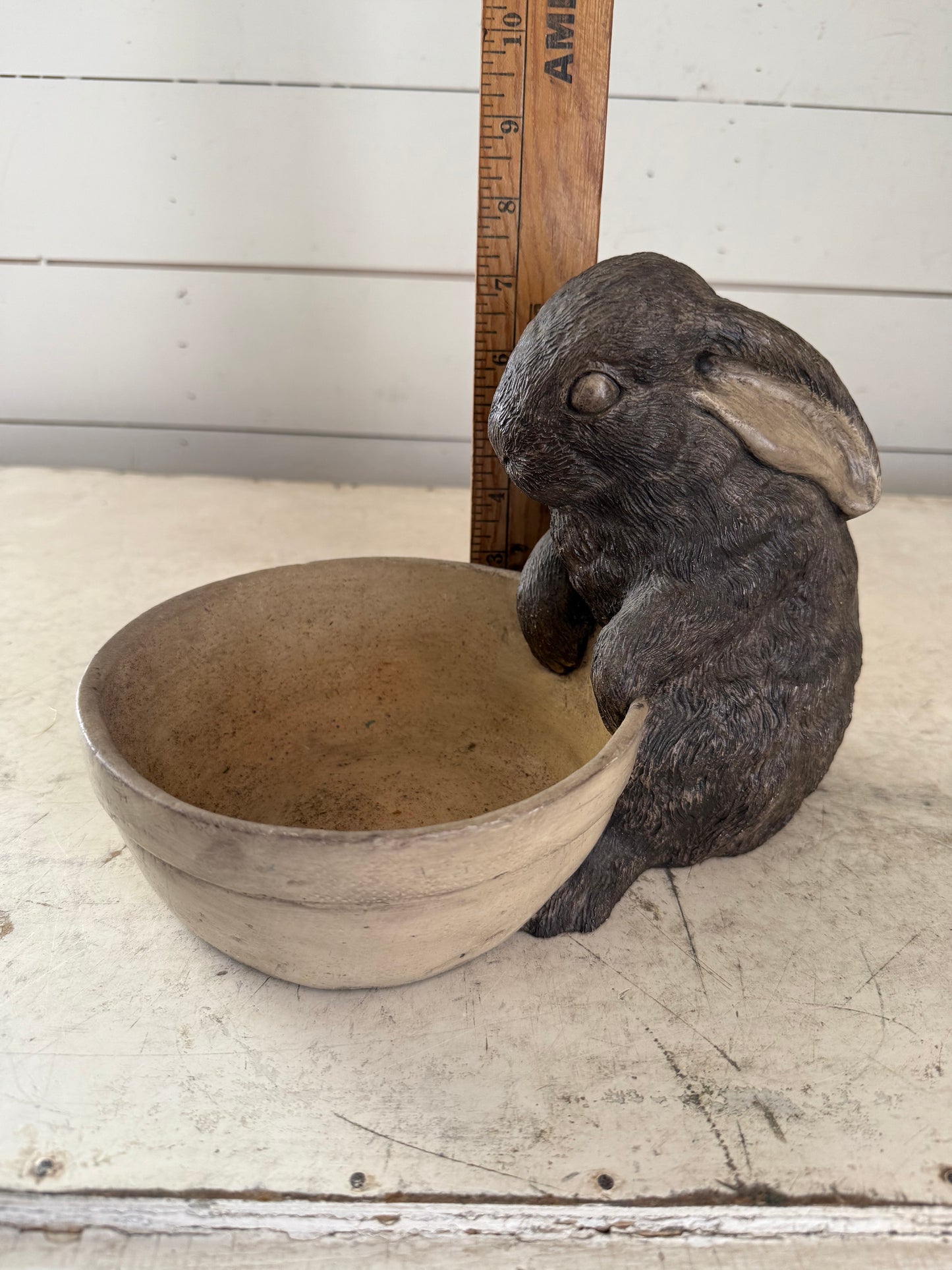 Bunny sitting by bowl planter