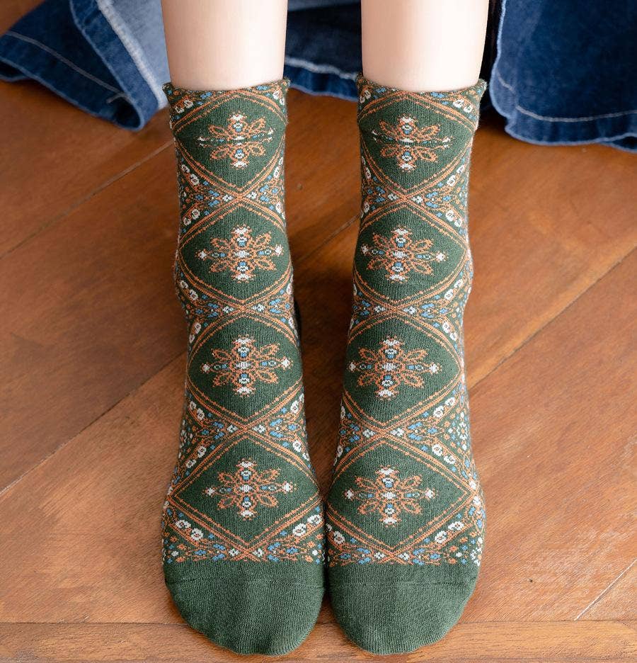 Retro diamond floral women's mid-calf socks - each pair sold individually