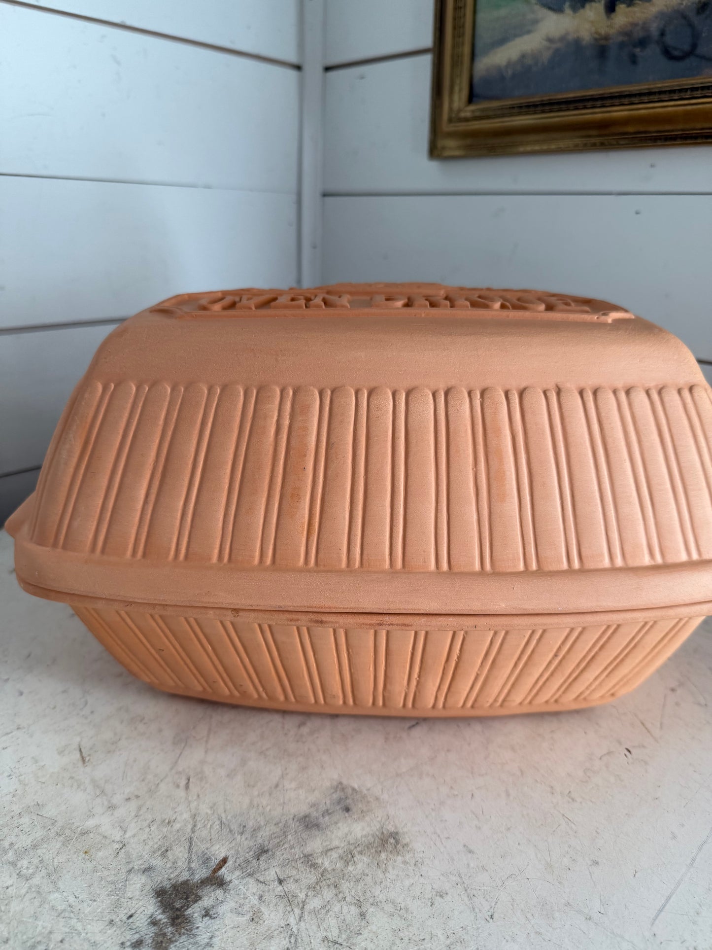 Vintage Oven Brique Nordic Ware 4 Qt Terracotta Clay Cooker Unglazed Stove Bake has chip