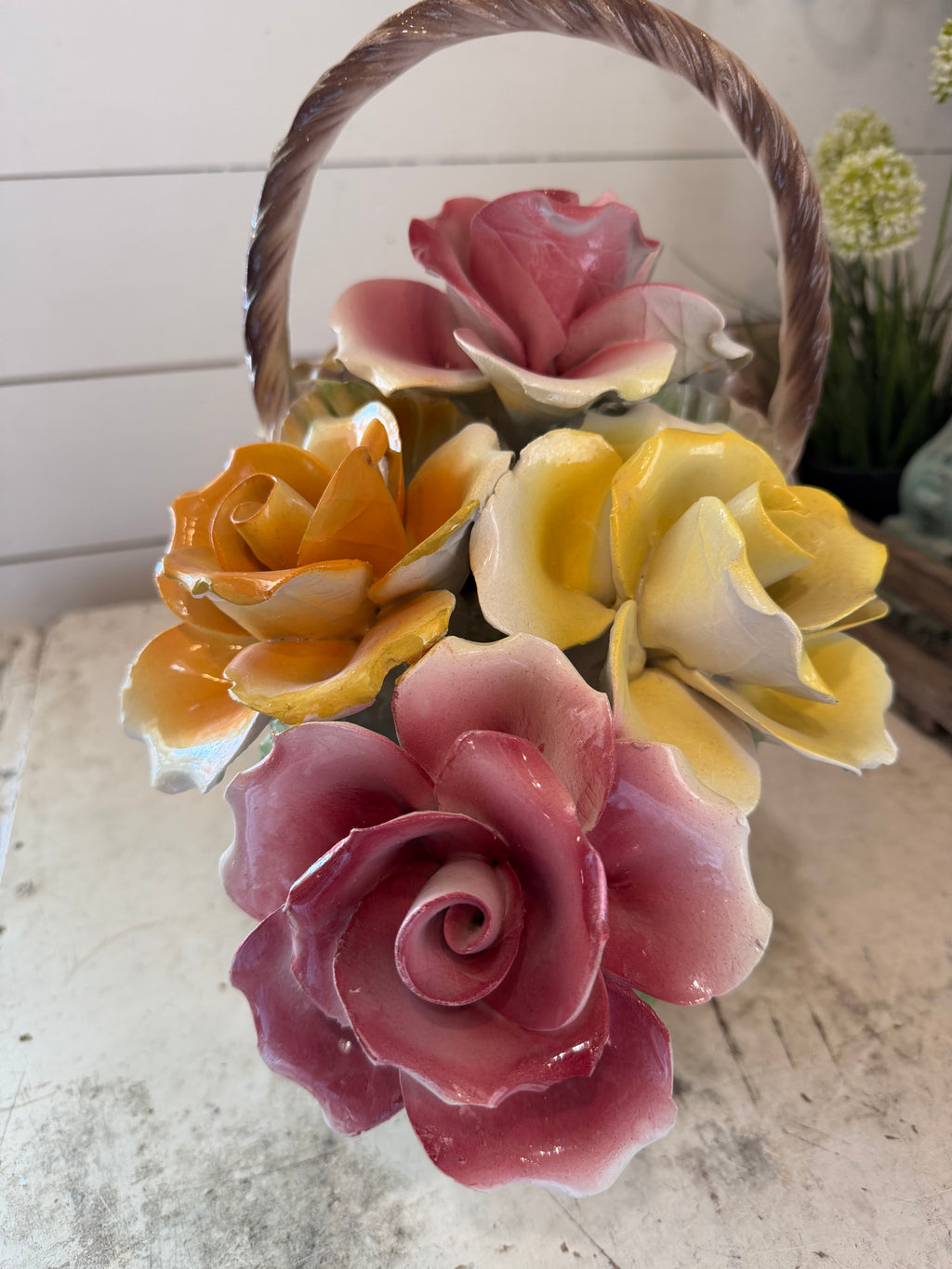 Large Capodimonte, Italy, Porcelain, Basket of Posies, Rose Flowers, Vintage small chips and imperfections as shown