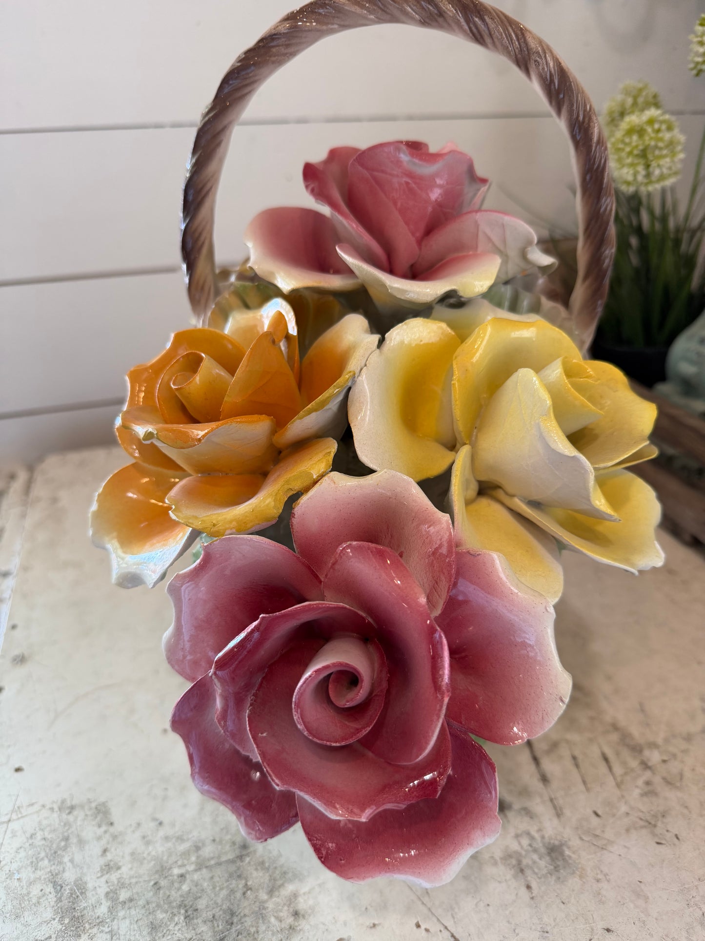 Large Capodimonte, Italy, Porcelain, Basket of Posies, Rose Flowers, Vintage small chips and imperfections as shown