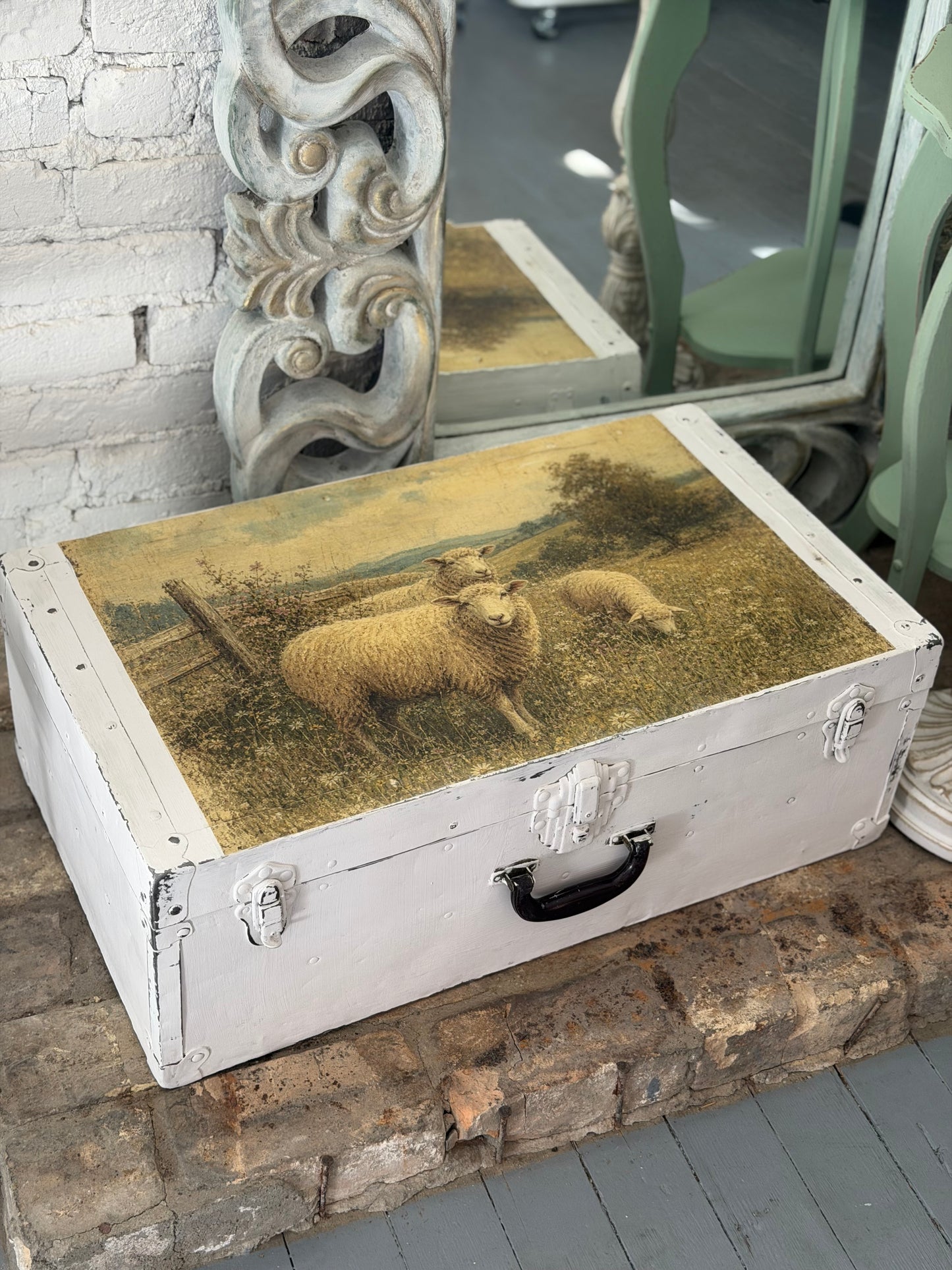 Shabby Sheep Vintage Metal Traveling Trunk Hand Painted