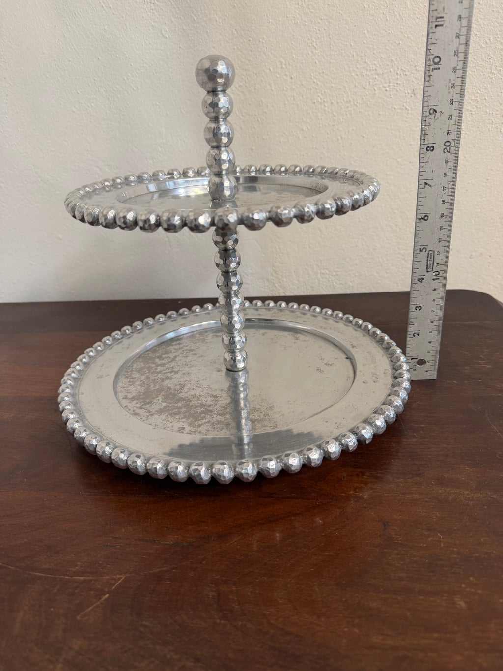 Vintage Beaded Pewter Two Tiered Tray