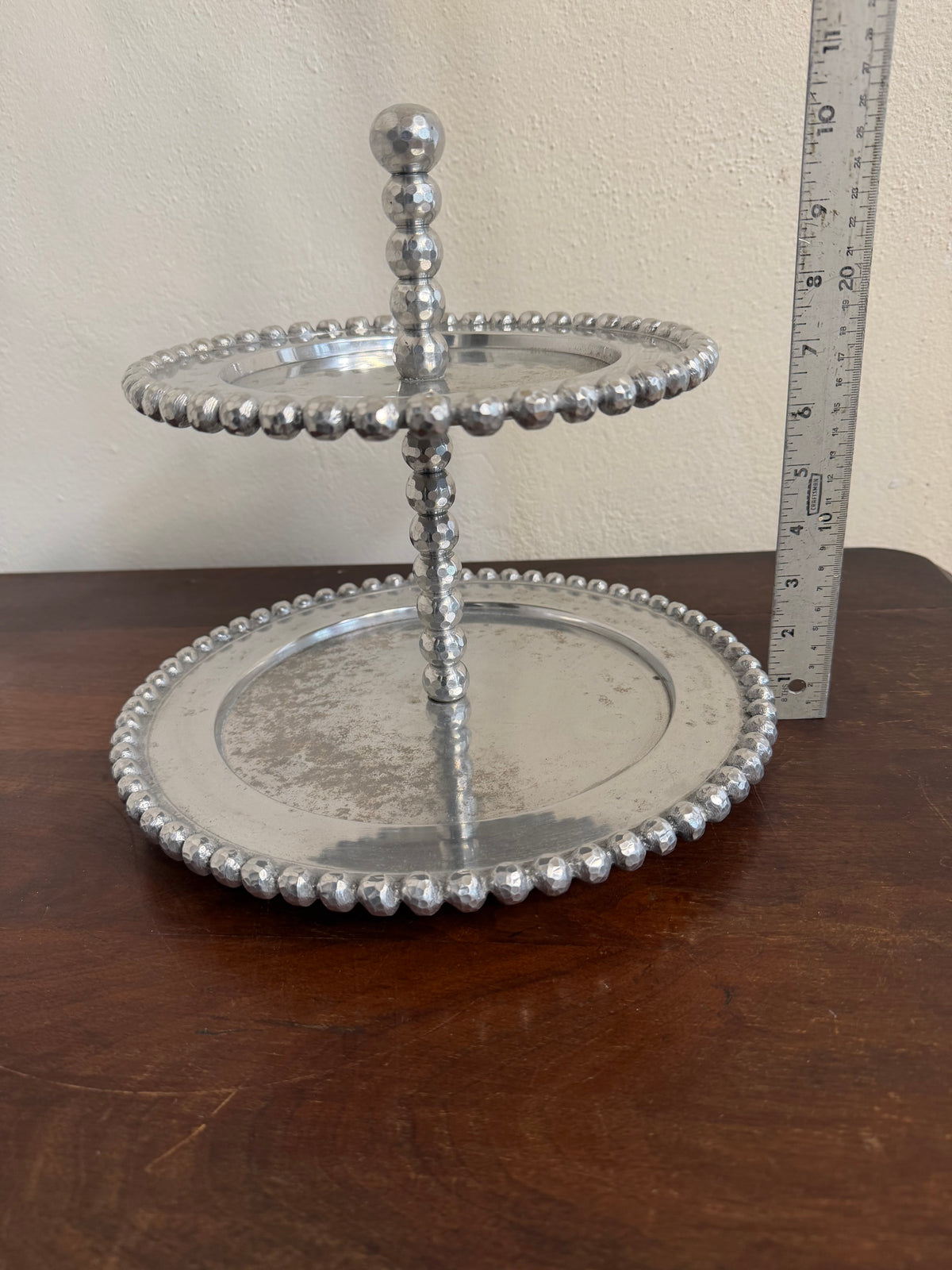 Vintage Beaded Pewter Two Tiered Tray