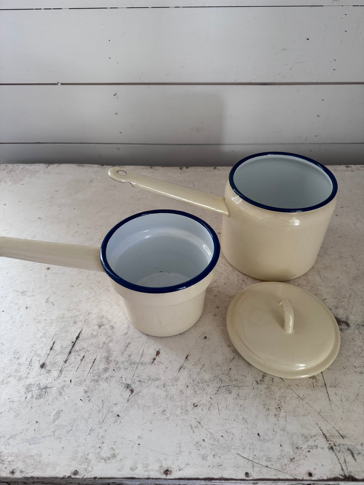 Cream and Blue Enamel Double Boiler Made in Poland