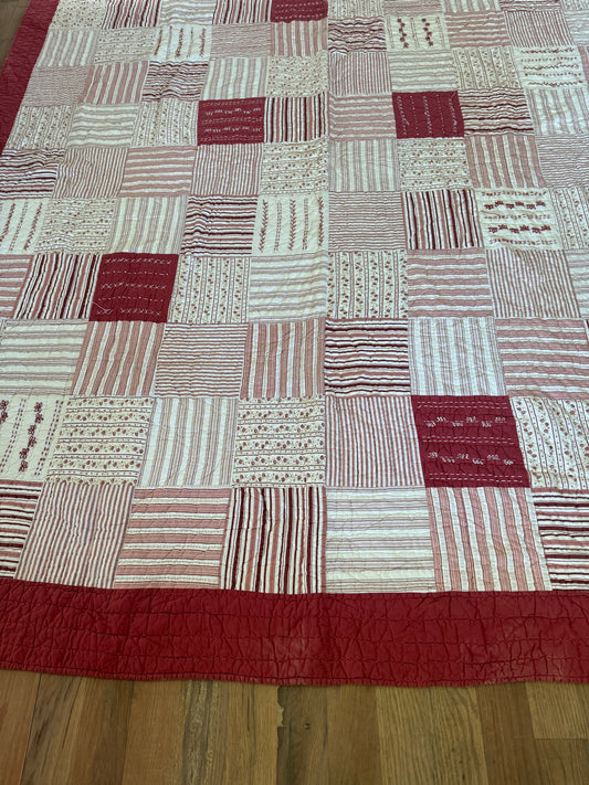 Queen Size Cranberry & Cream Quilt Hand Stitching - has loose embroidery as shown